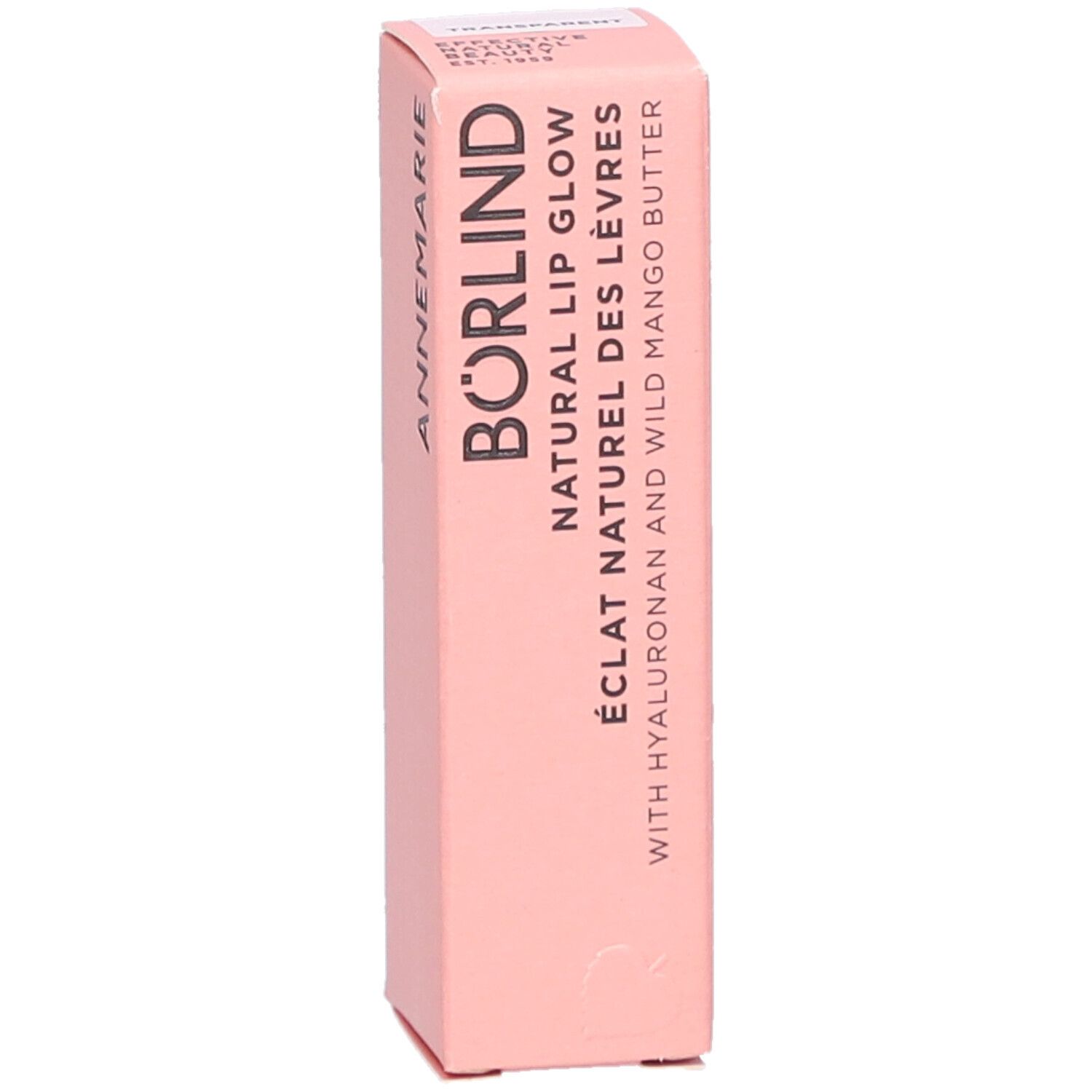 Rosa Verpackung. Schriftzug: ANNEMARIE BÖRLIND. NATURAL LIP GLOW. Enthält Hyaluron und Mango Butter. Vertikale Ansicht.