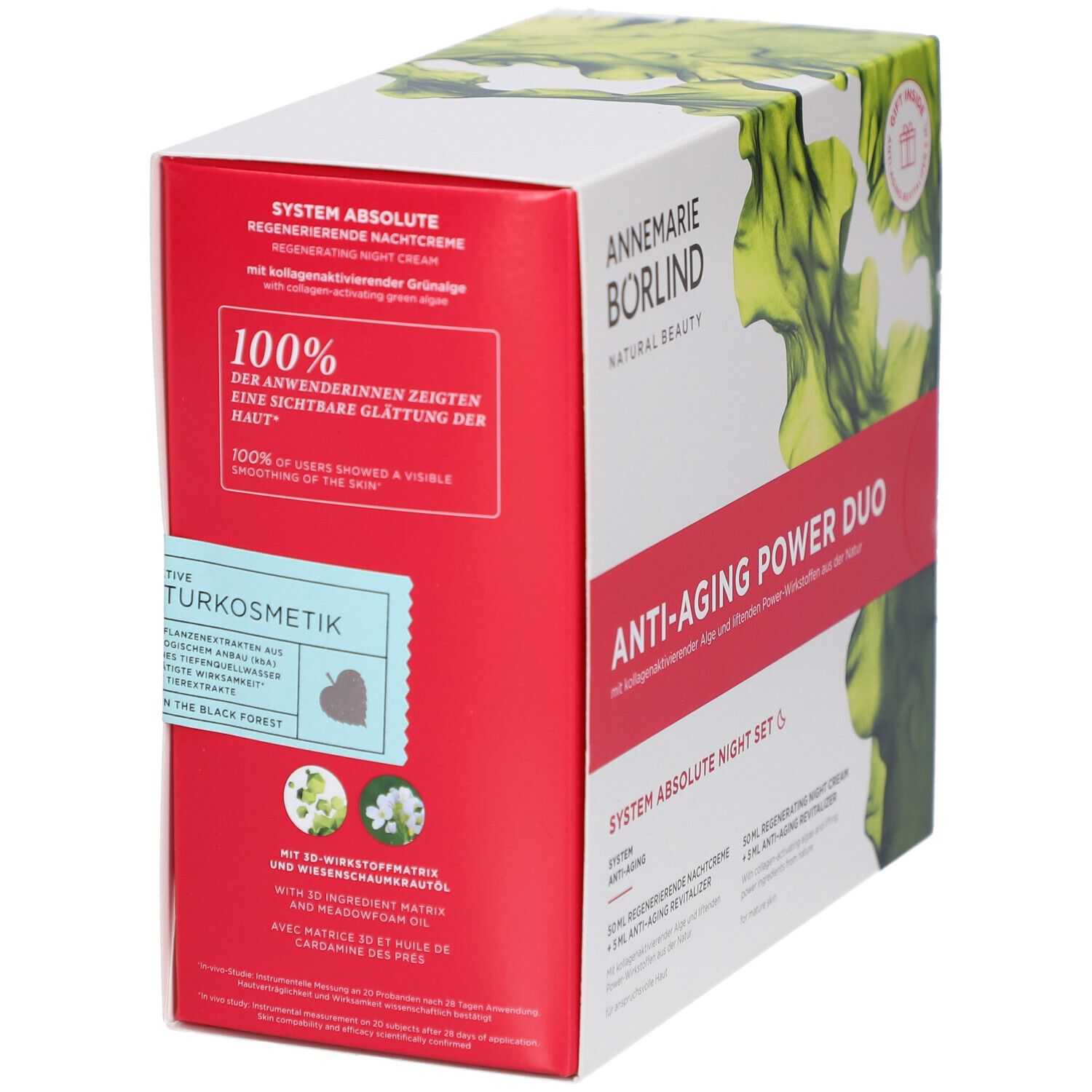 Emballage rouge et blanc du coffret Anti-Âge Power Duo. Texte et logo. Certifications et ingrédients.