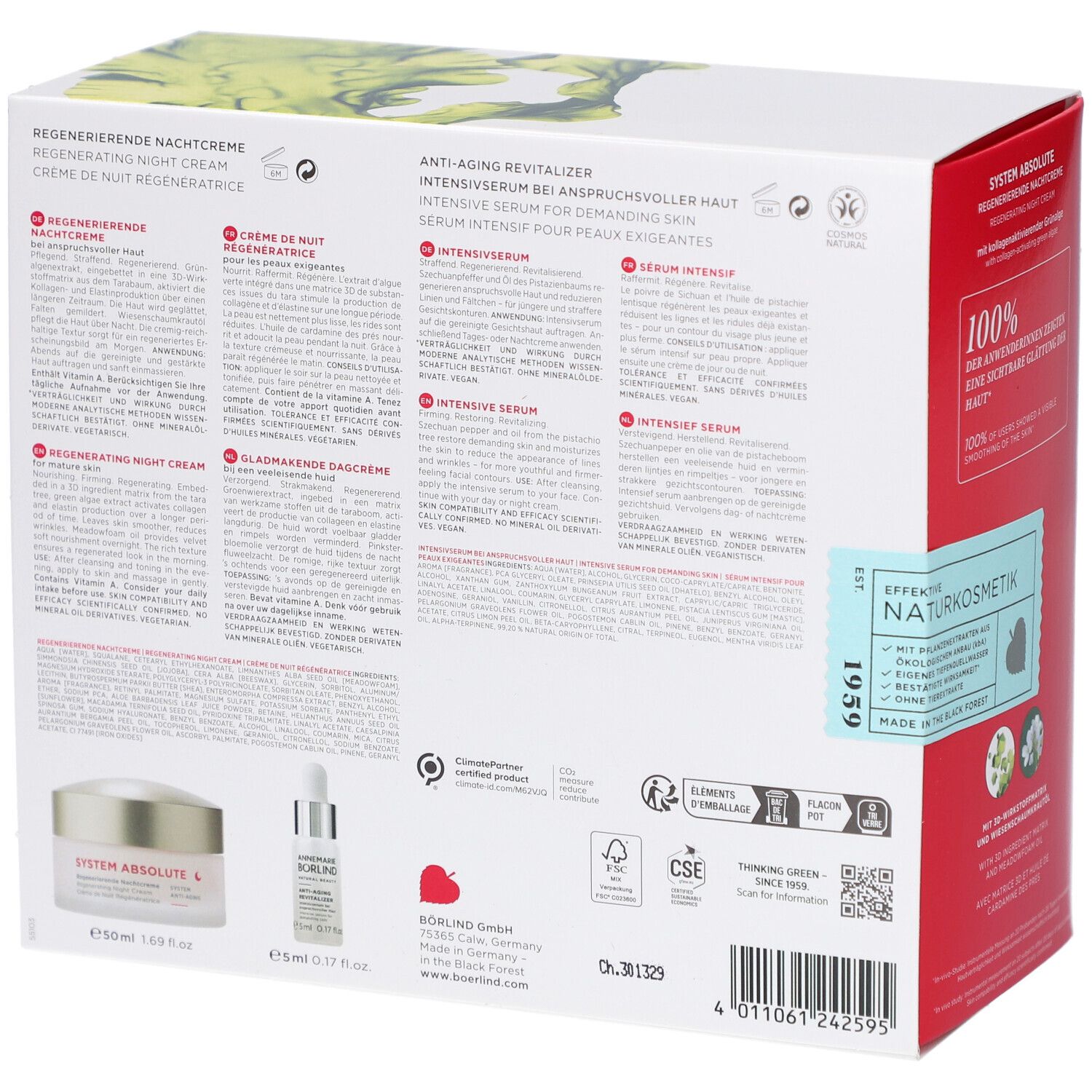 Dos du coffret Anti-Âge Power Duo. Noms des produits, ingrédients, logo et certifications.