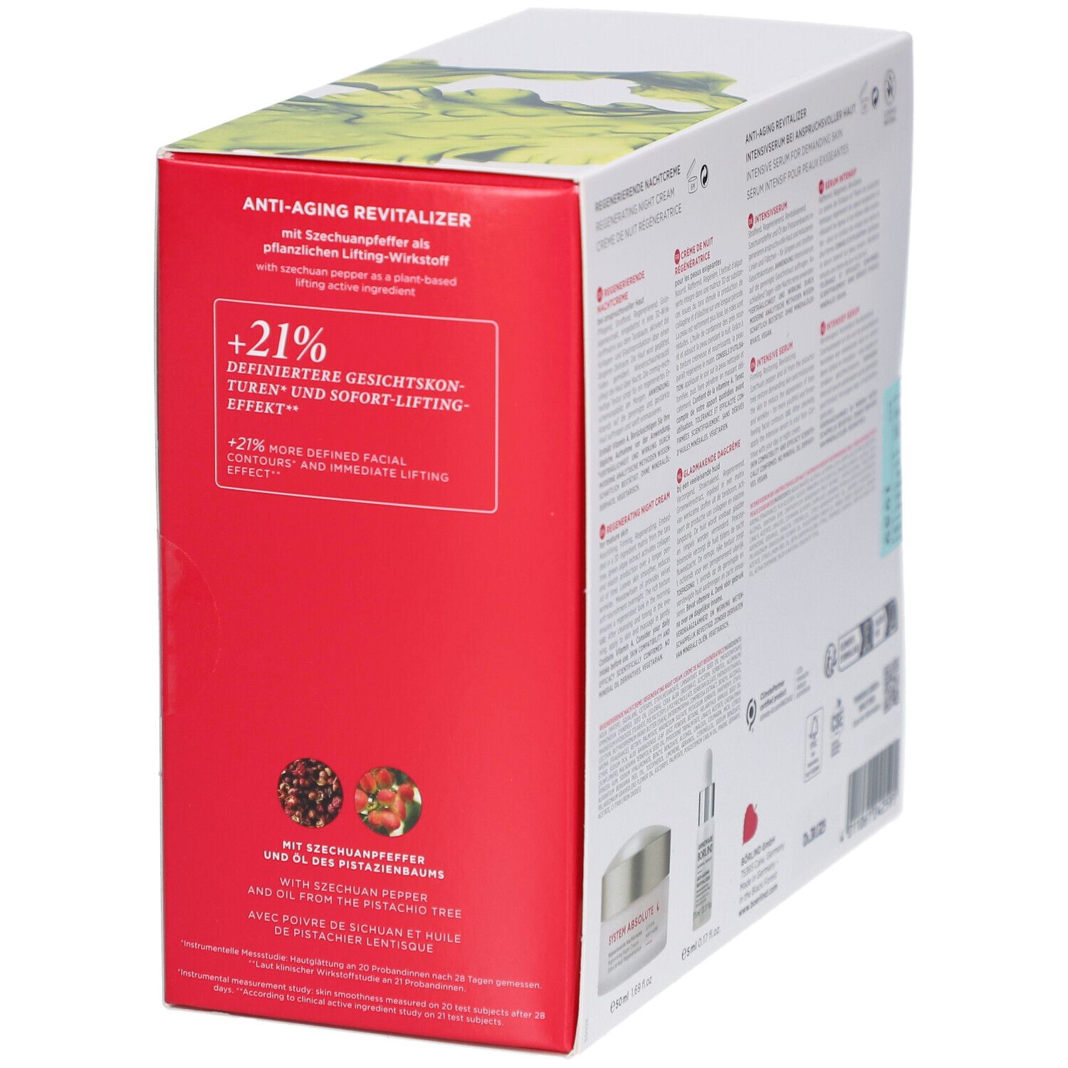 Côté du coffret Anti-Âge Power Duo. Noms des produits, ingrédients, logo et certifications.