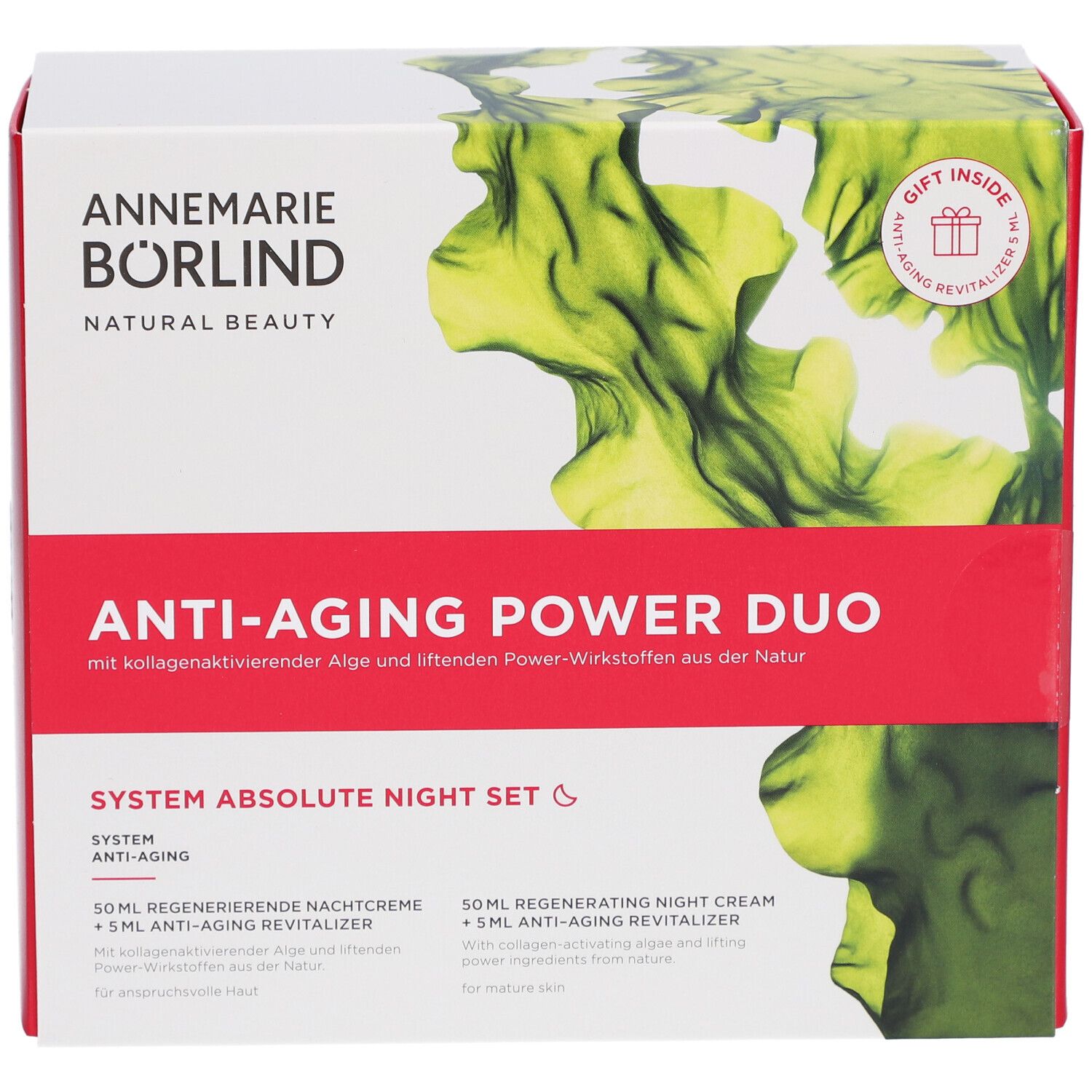 Coffret Anti-Âge Power Duo. Boîte rouge et blanche avec nom et logo du produit. Contient un cadeau.