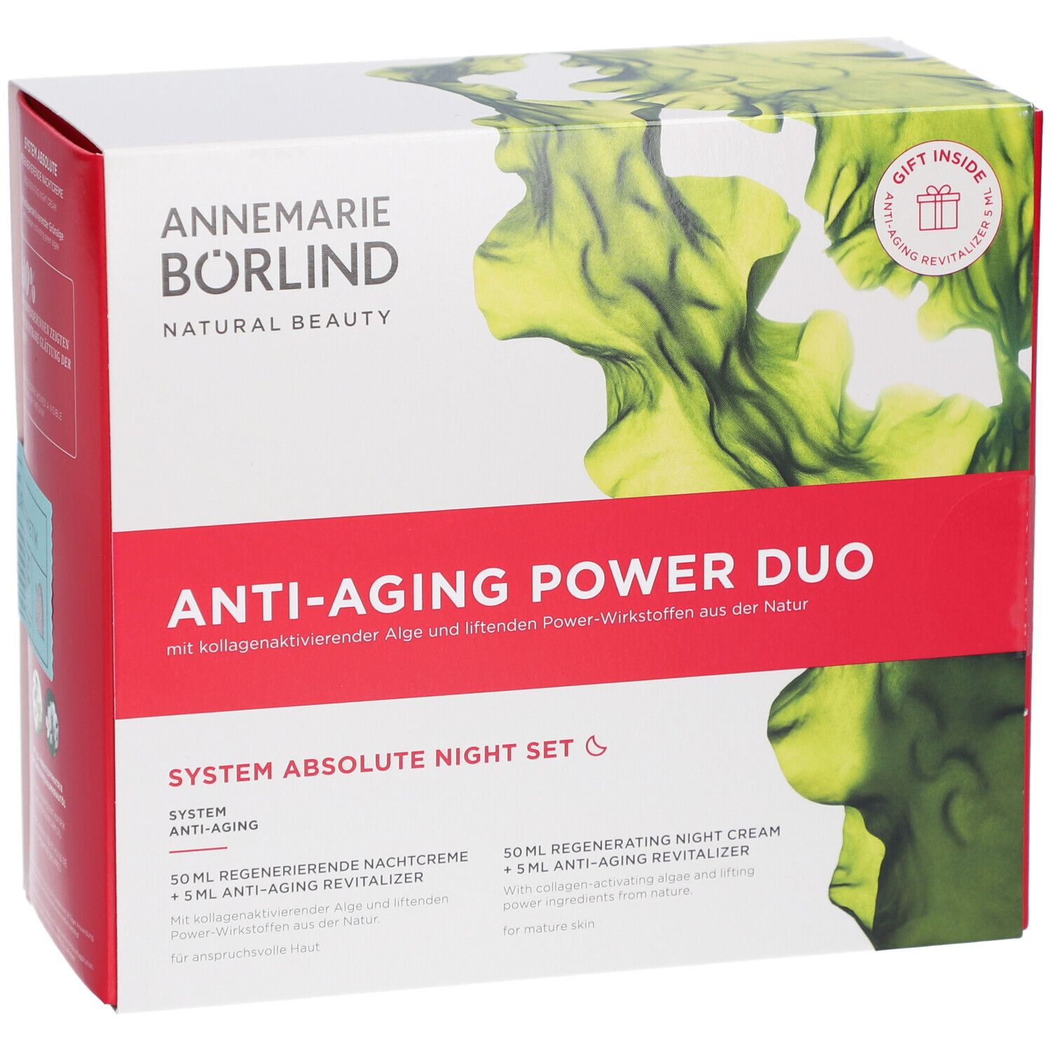 Coffret Anti-Âge Power Duo. Boîte rouge et blanche avec nom et logo du produit. Contient un cadeau.