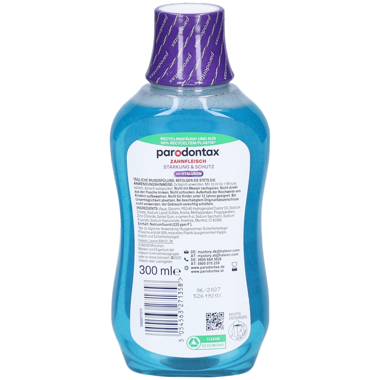 Dos de la bouteille de bain de bouche. Contient des informations sur les ingrédients et le fabricant. Marquage vert.