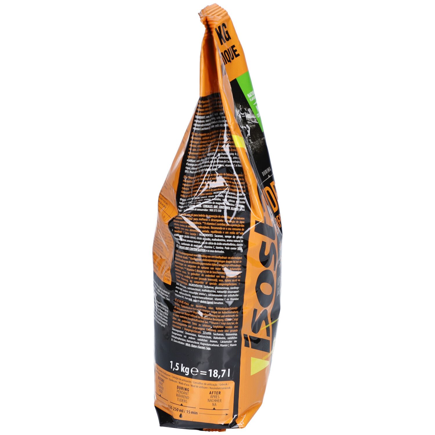 Seitenansicht des Isostar Hydrate & Perform Orange Beutels. Orangefarben und braun. 1,5 kg.