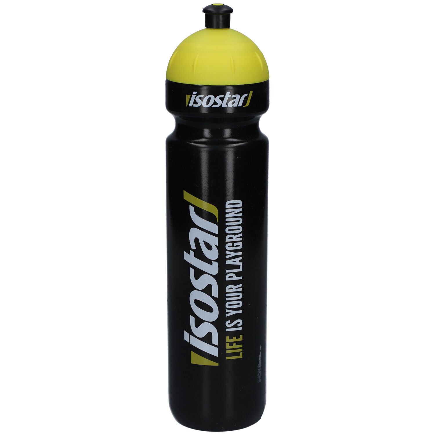 Gourde noire avec bouchon jaune. Inscription "isostar" et "LIFE IS YOUR PLAYGROUND".