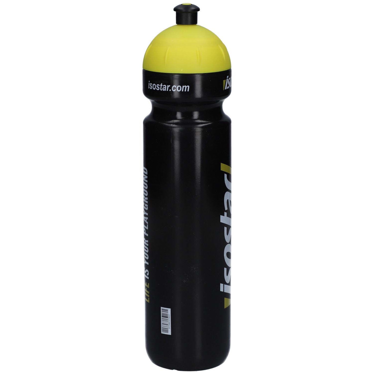 Gourde noire avec bouchon jaune. Inscription "isostar" et "LIFE IS YOUR PLAYGROUND".