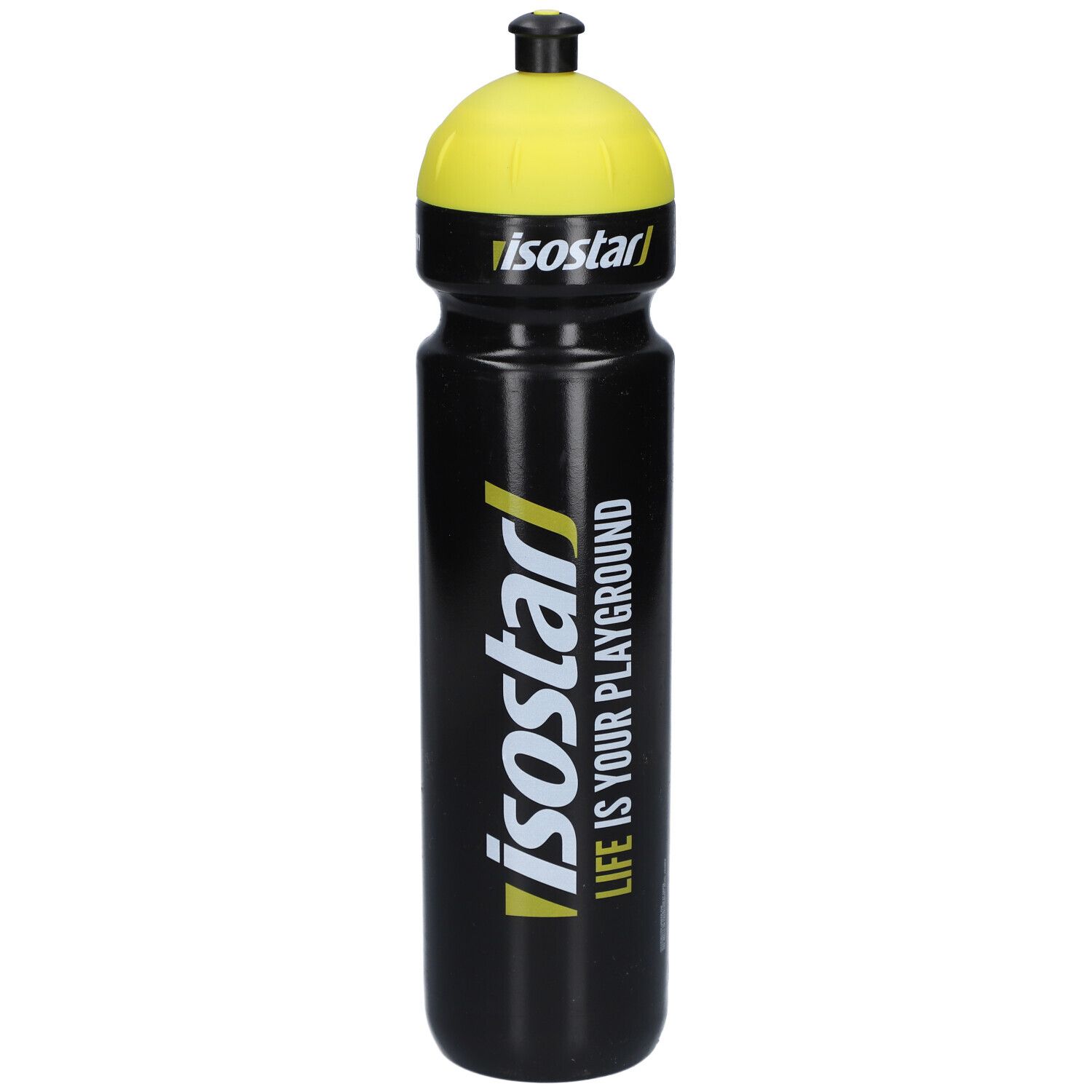 Gourde noire avec bouchon jaune. Inscription "isostar" et "LIFE IS YOUR PLAYGROUND".