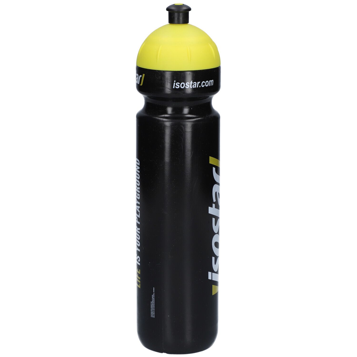 Gourde noire avec bouchon jaune. Inscription "isostar" et "LIFE IS YOUR PLAYGROUND".
