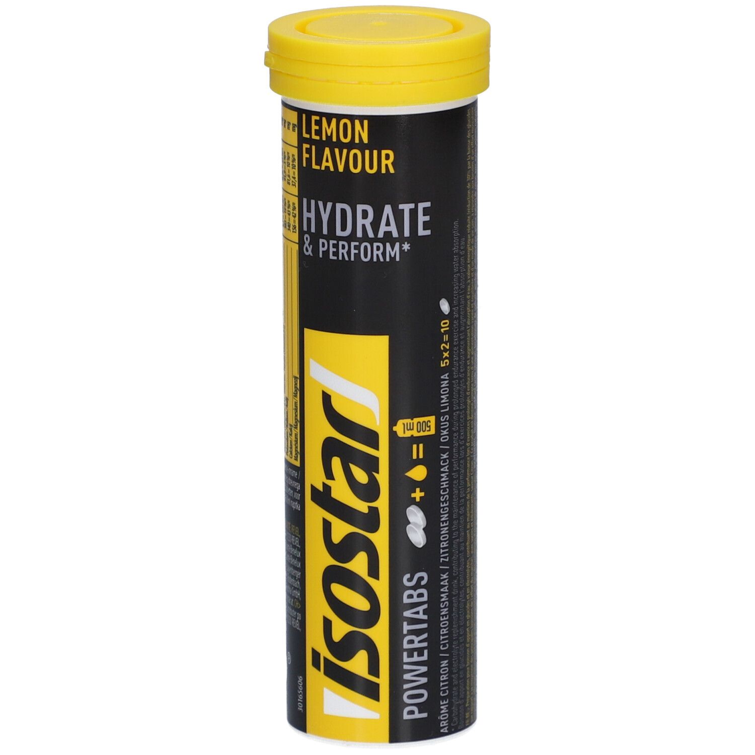 Zylindrische Dose mit gelbem Deckel. Aufschrift: Lemon Flavour, Hydrate & Perform, Isostar Powertabs. Gelb-schwarzes Design.