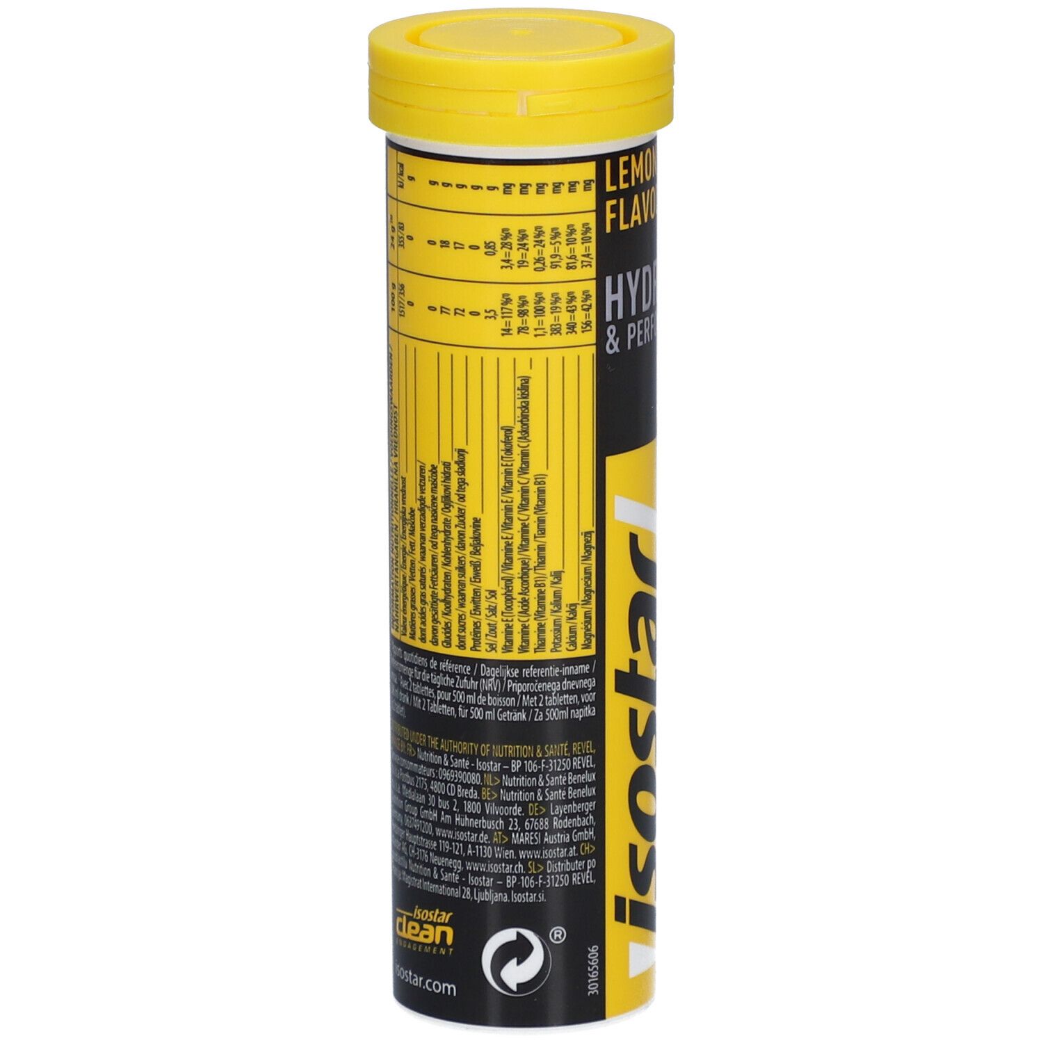 Zylindrische Dose, gelber Deckel. Rückseite mit Nährwertangaben und Text. Isostar-Logo unten.