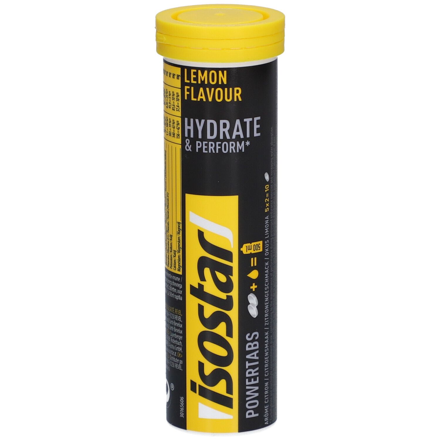 Zylindrische Dose mit gelbem Deckel. Aufschrift: Lemon Flavour, Hydrate & Perform, Isostar Powertabs. Gelb-schwarzes Design.