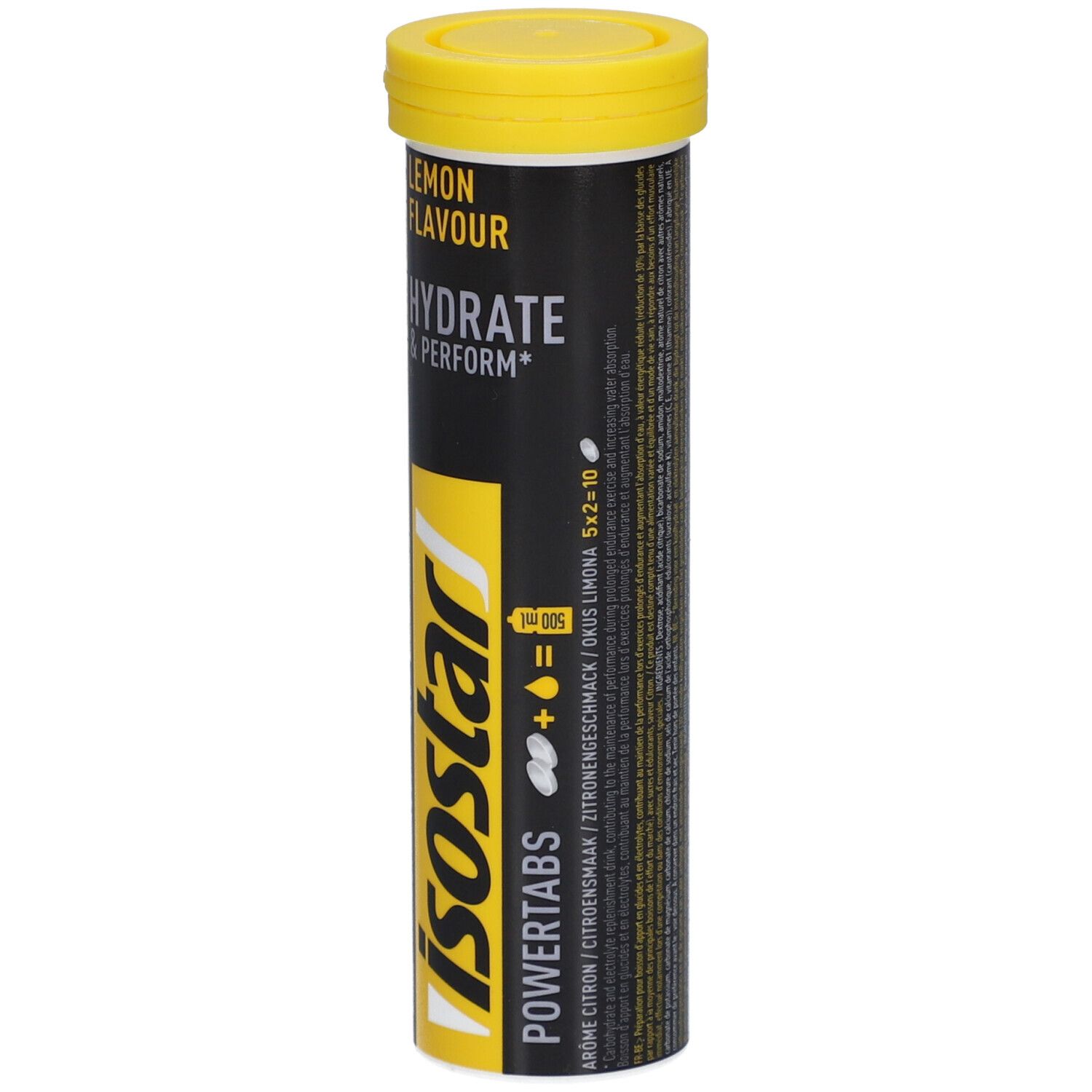 Zylindrische Dose mit gelbem Deckel. Aufschrift: Lemon Flavour, Hydrate & Perform, Isostar Powertabs. Gelb-schwarzes Design.