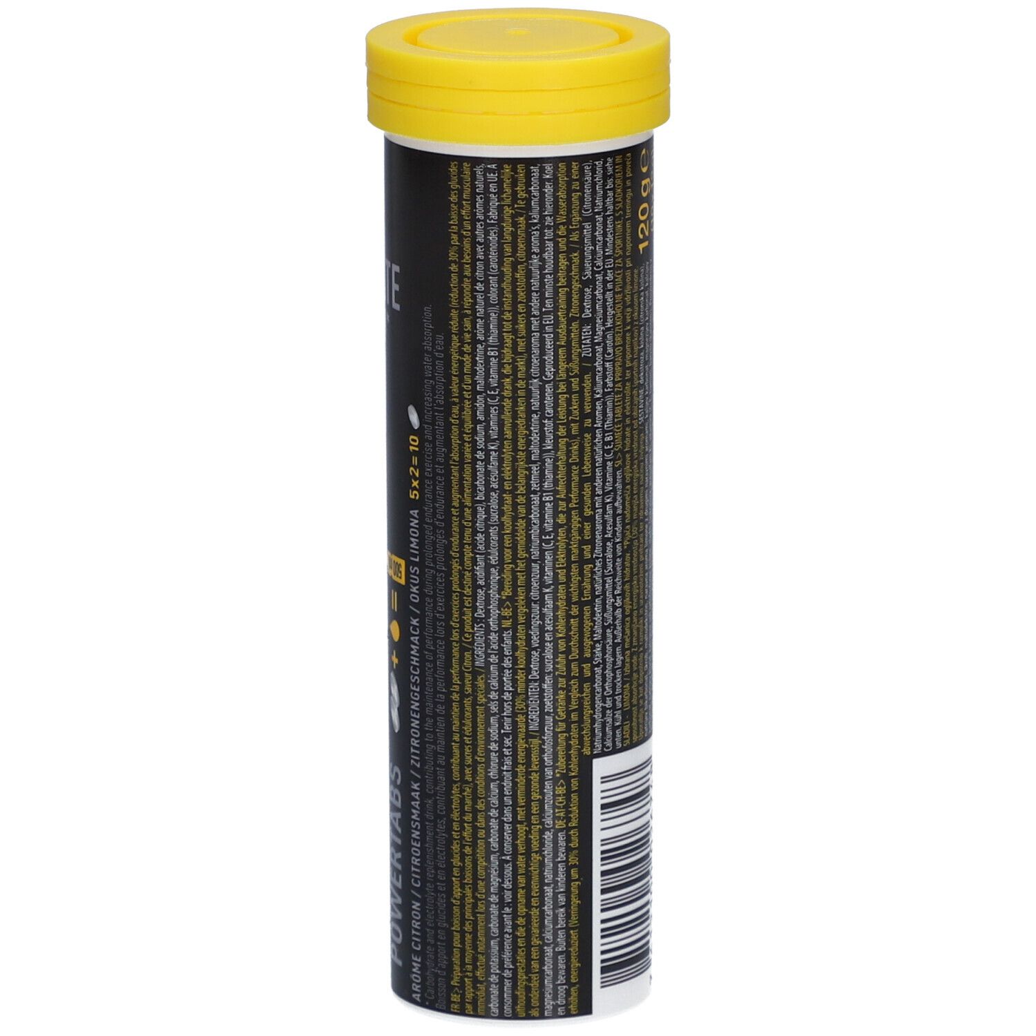 Zylindrische Dose, gelber Deckel. Rückseite mit Text und Barcode. Isostar-Logo unten.