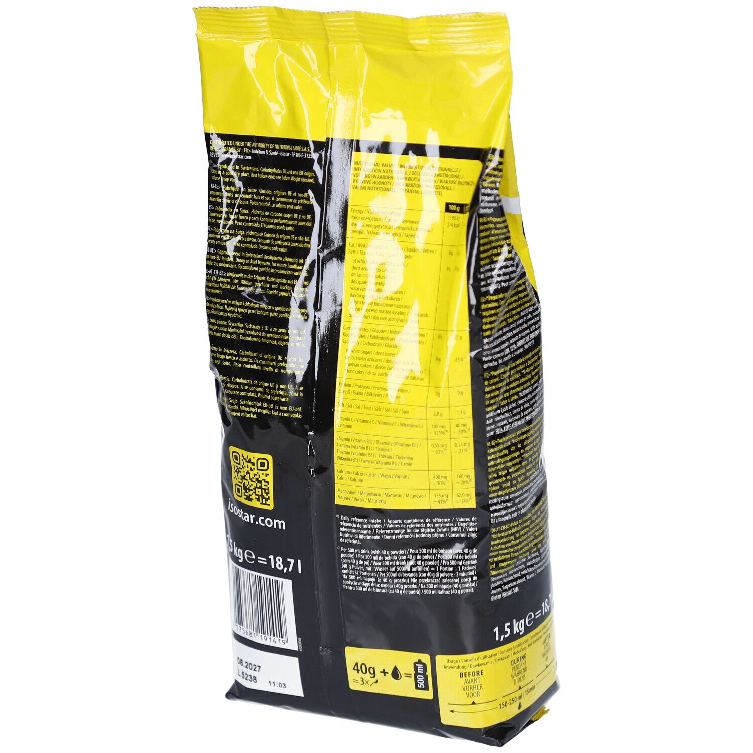 Rückseite der gelben und schwarzen Isostar Hydrate & Perform Zitrone Verpackung. Enthält Produktinformationen und QR-Code.