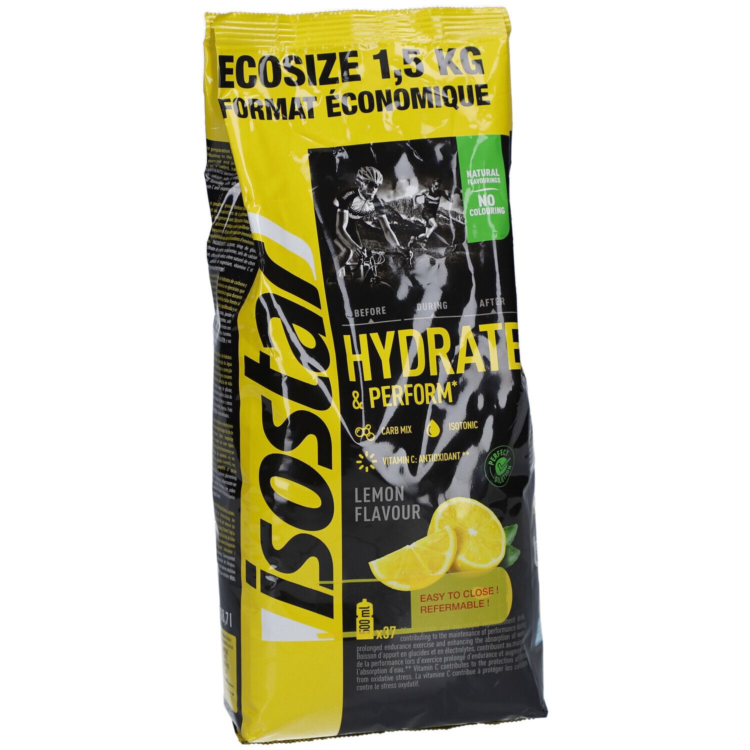 Gelbe und schwarze Verpackung von Isostar Hydrate & Perform Zitrone. Enthält das Logo und Produktinformationen. Zitronenabbildung.