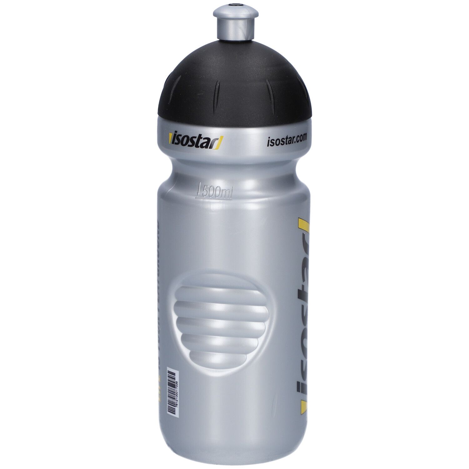 Gourde argentée avec bouchon noir. Inscription jaune et noire : isostar. Texte : 650ml.
