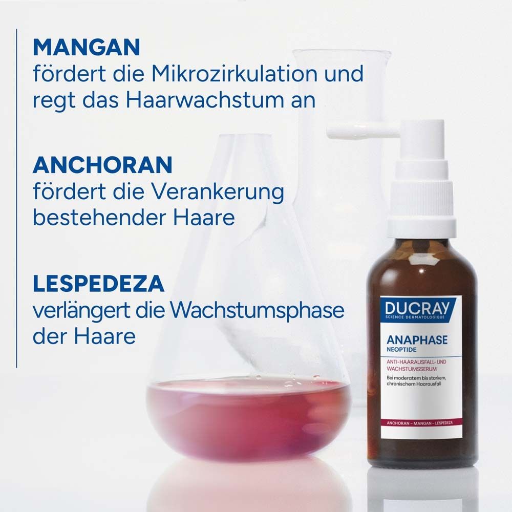 Produit à côté d'ustensiles de laboratoire. Texte: MANGAN favorise la microcirculation, ANCHORAN favorise l'ancrage.