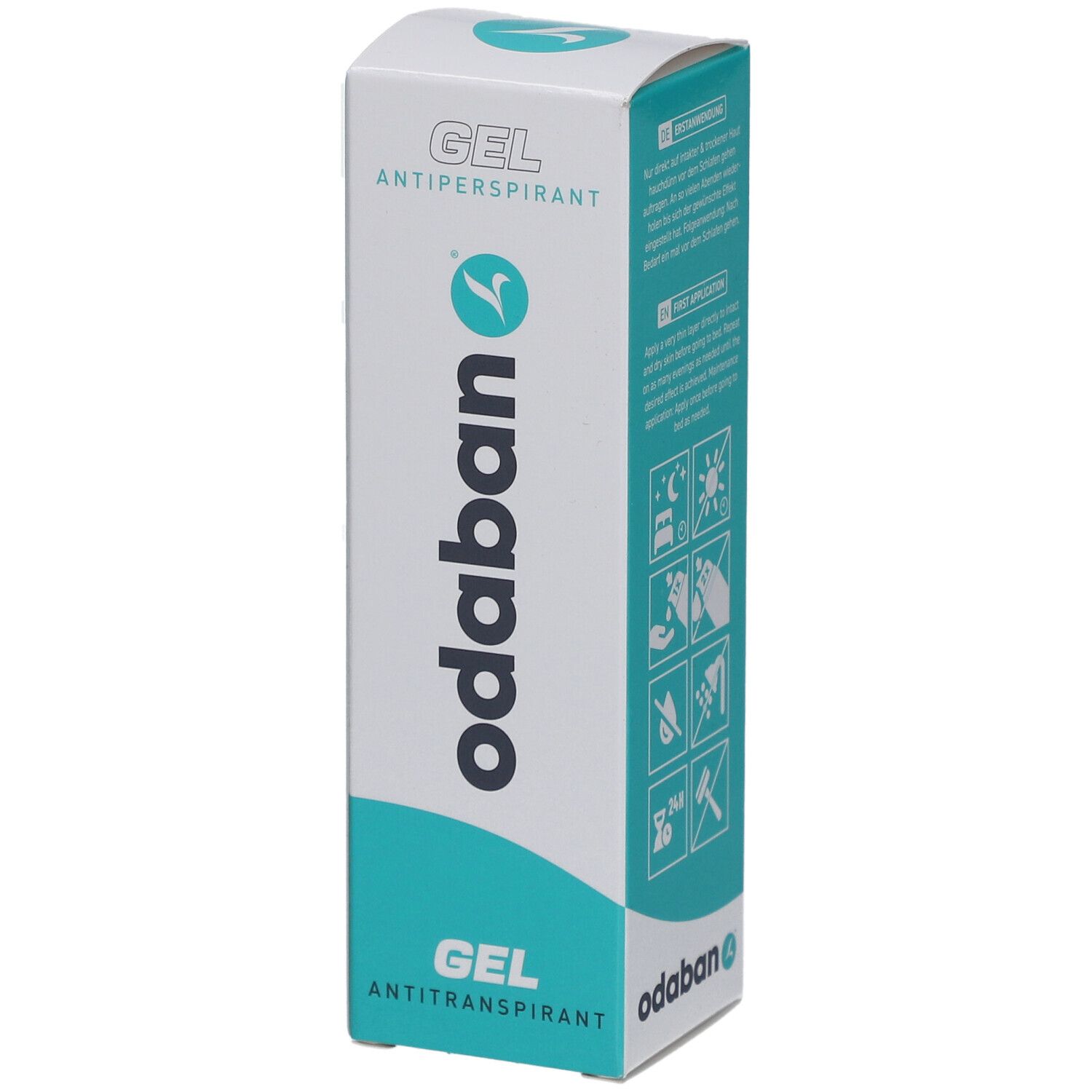 Boîte blanche avec accents turquoise pour ODABAN® Antitranspirant Gel. Inscription : GEL ANTIPERSPIRANT, odaban.