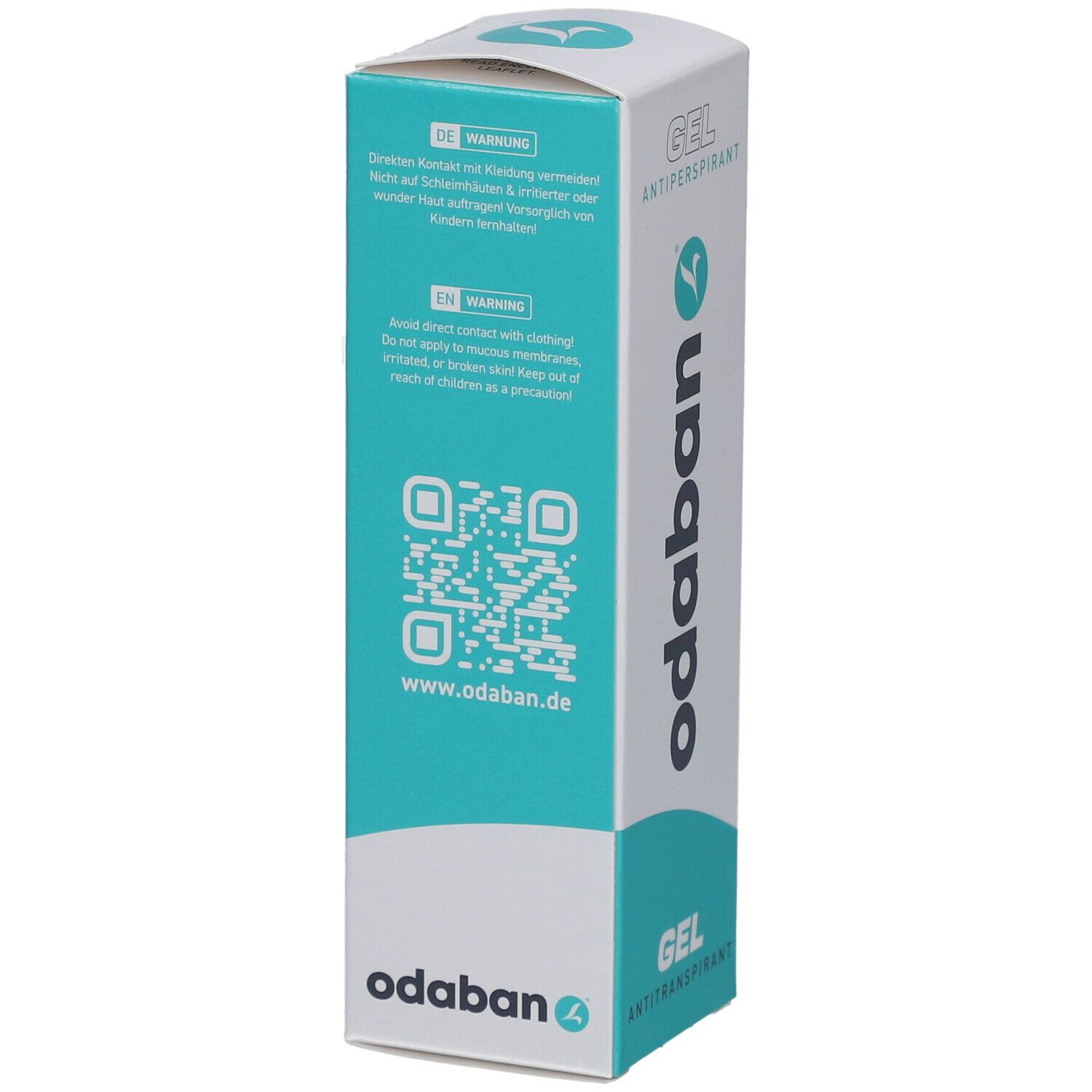 Dos de l'emballage d'ODABAN® Antitranspirant Gel. Fond turquoise avec avertissements et code QR. Inscription : odaban.