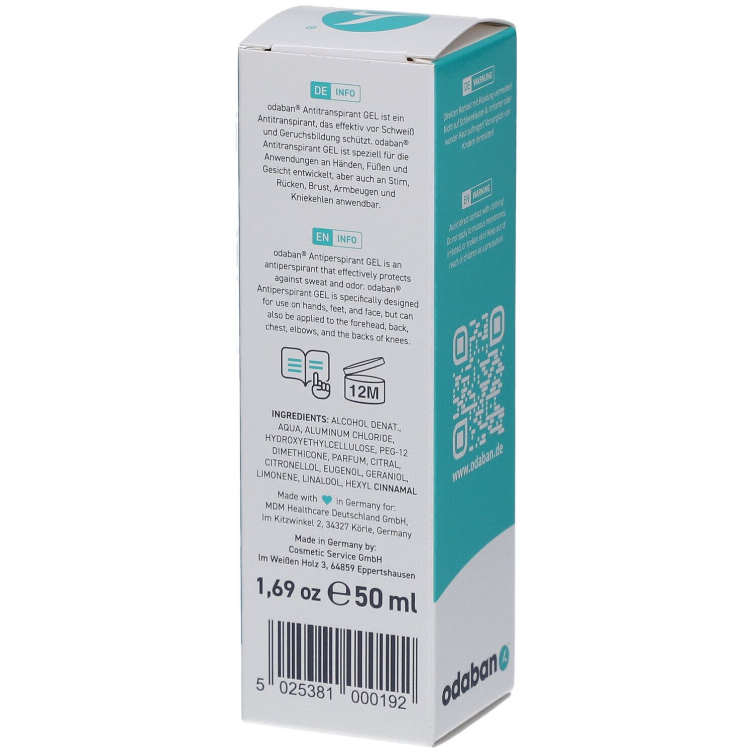 Dos de l'emballage d'ODABAN® Antitranspirant Gel avec description, ingrédients et informations fabricant. Inscription : odaban.