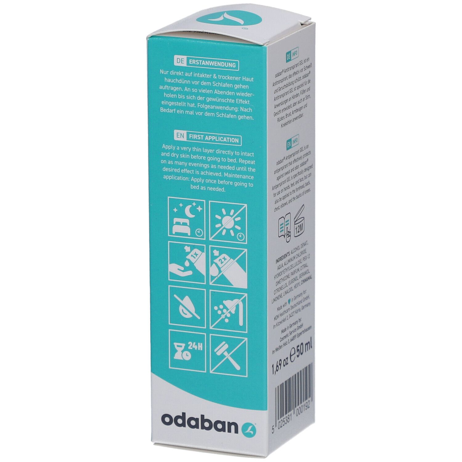 Côté de l'emballage d'ODABAN® Antitranspirant Gel avec instructions d'utilisation et pictogrammes. Inscription : odaban.