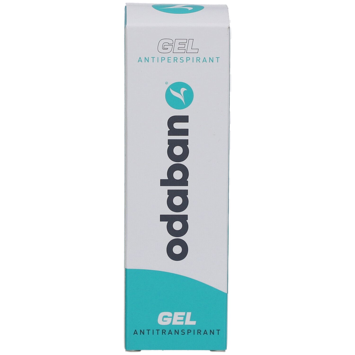 Emballage d'ODABAN® Antitranspirant Gel, blanc avec accents turquoise. Inscription : GEL ANTIPERSPIRANT, odaban.