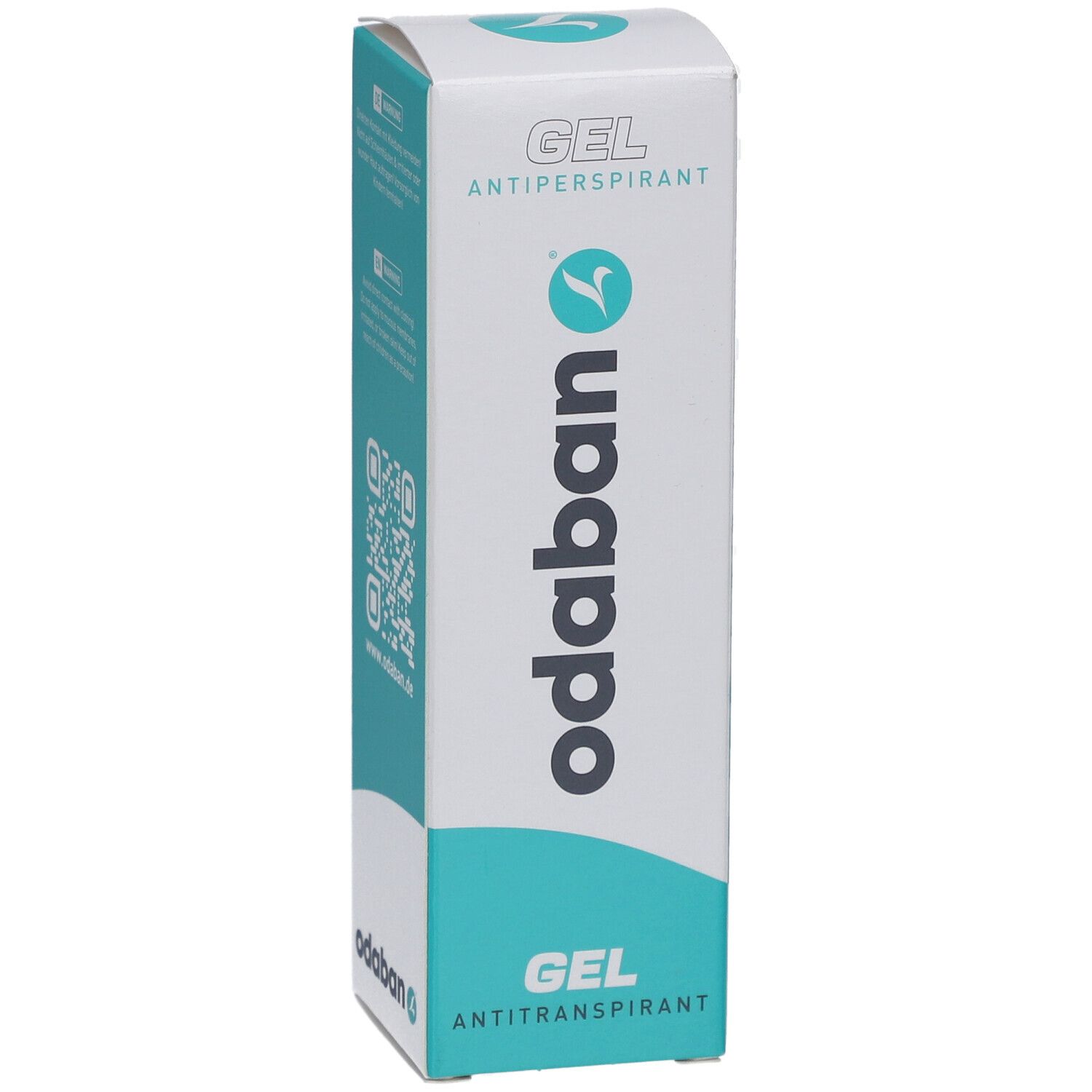 Emballage d'ODABAN® Antitranspirant Gel, blanc avec accents turquoise. Inscription : GEL ANTIPERSPIRANT, odaban.