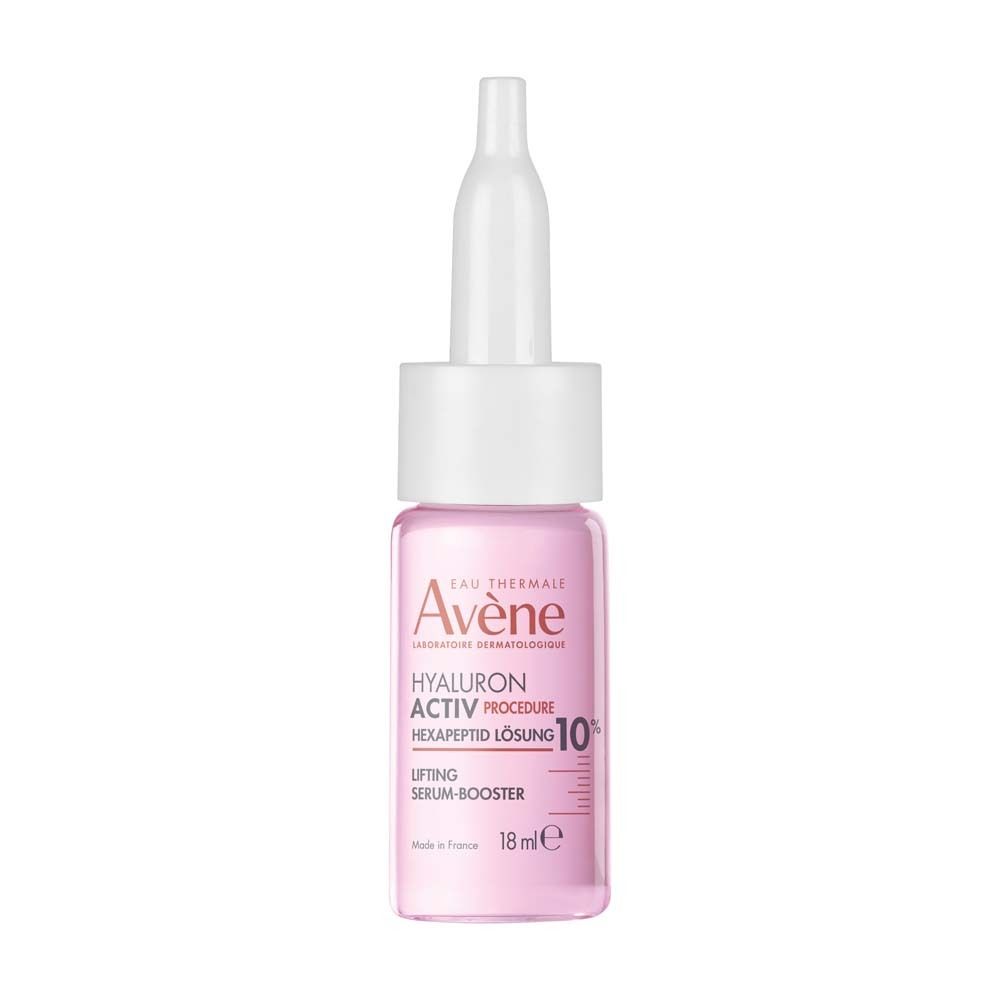 Rosa Flasche mit weißem Aufsatz. Aufschrift: Eau Thermale Avène, HYALURON ACTIV PROCEDURE, Lifting Serum-Booster.