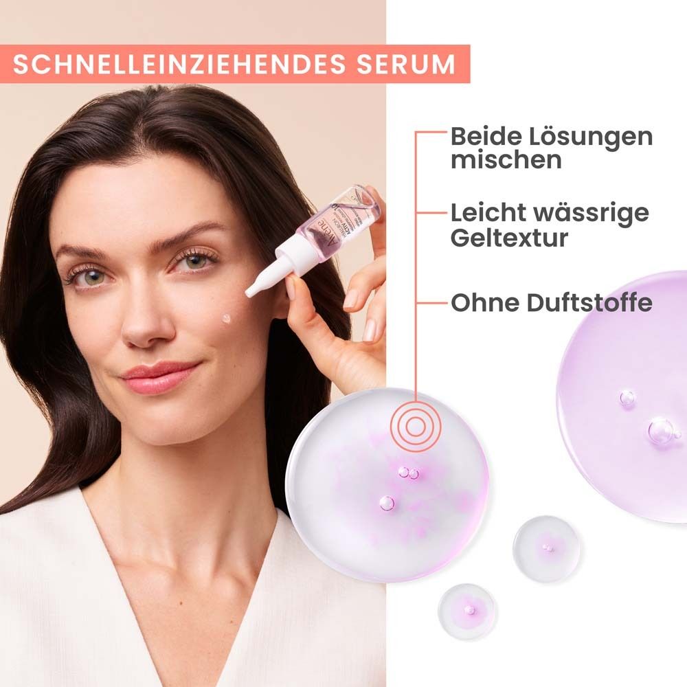 Frau mit Produkt. Rosa Flasche mit weißem Aufsatz. Aufschrift: HYALURON ACTIV PROCEDURE, Lifting Serum-Booster. Tropfen.