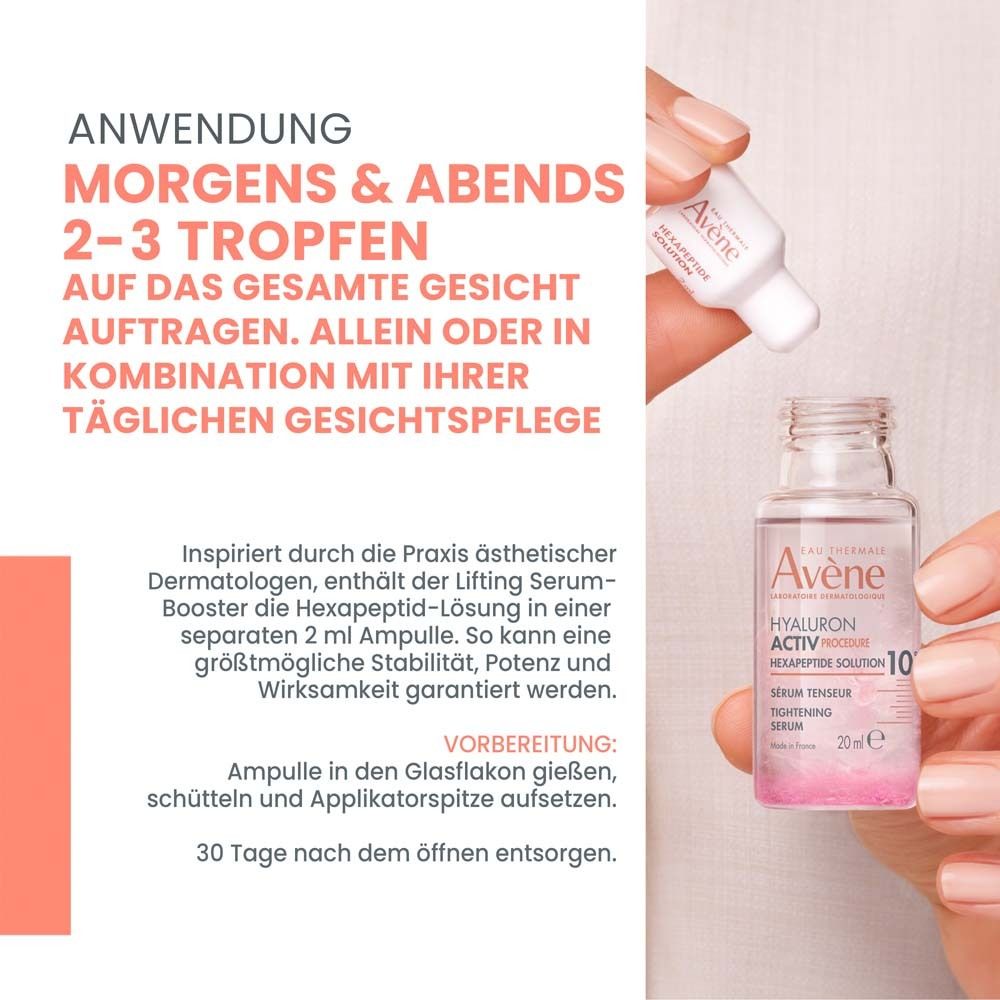 Produkt und Text. Rosa Flasche mit weißem Aufsatz. Aufschrift: HYALURON ACTIV PROCEDURE, Lifting Serum-Booster. Text.