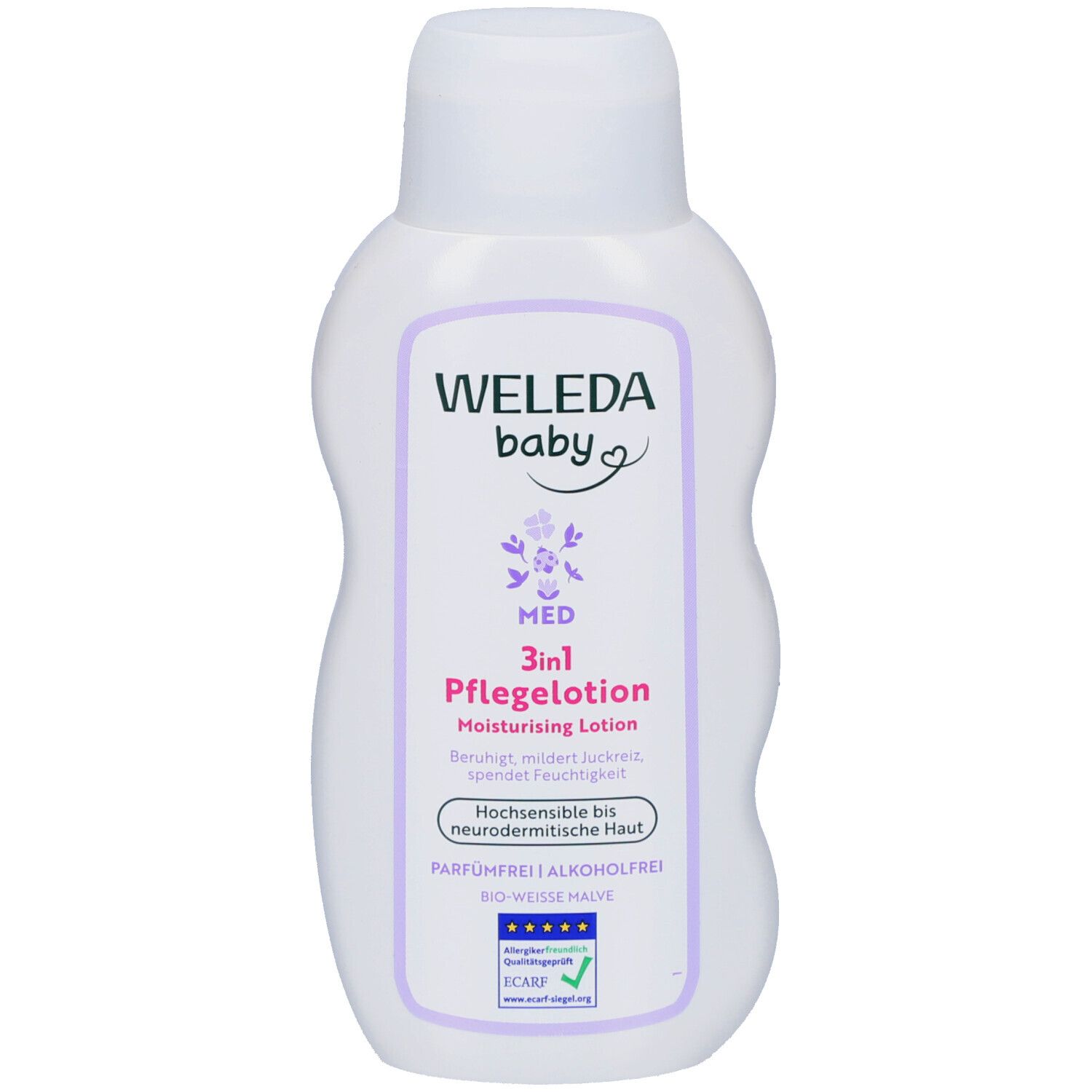 Flacon blanc avec étiquette violette. Inscription: WELEDA baby, 3in1 Pflegelotion. Contient de la mauve blanche bio. Avec label de qualité.