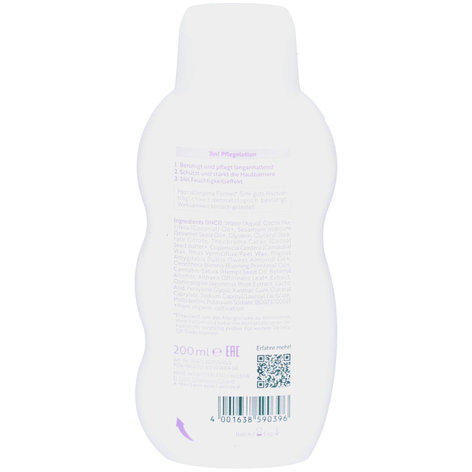Dos du flacon blanc. Texte: 3in1 Pflegelotion, ingrédients, 200ml. Avec code-barres et QR code.