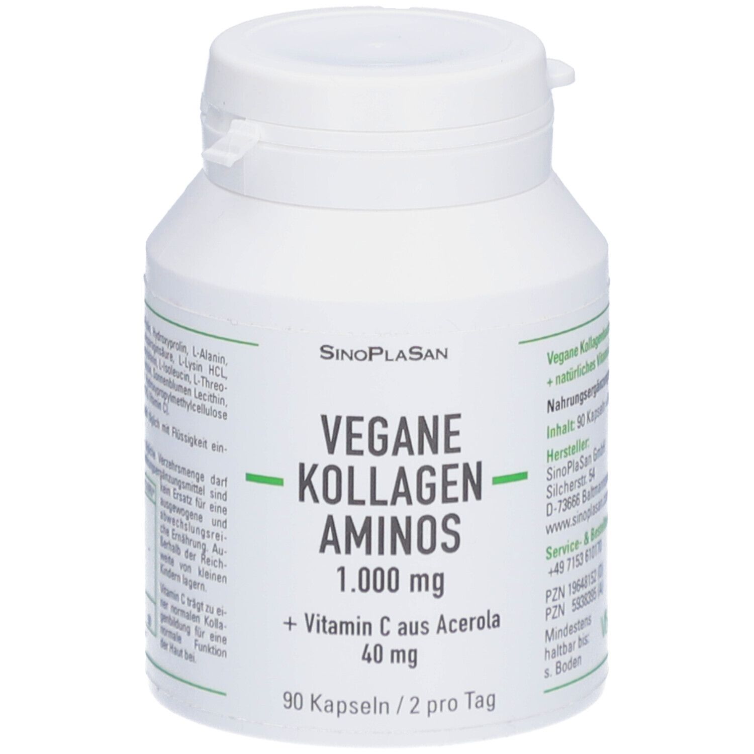 Flacon blanc avec étiquette SinoPlaSan. Inscription : Vegan Collagen Aminos 1 000 mg + Vitamine C d'acérola 40 mg. 90 gélules.