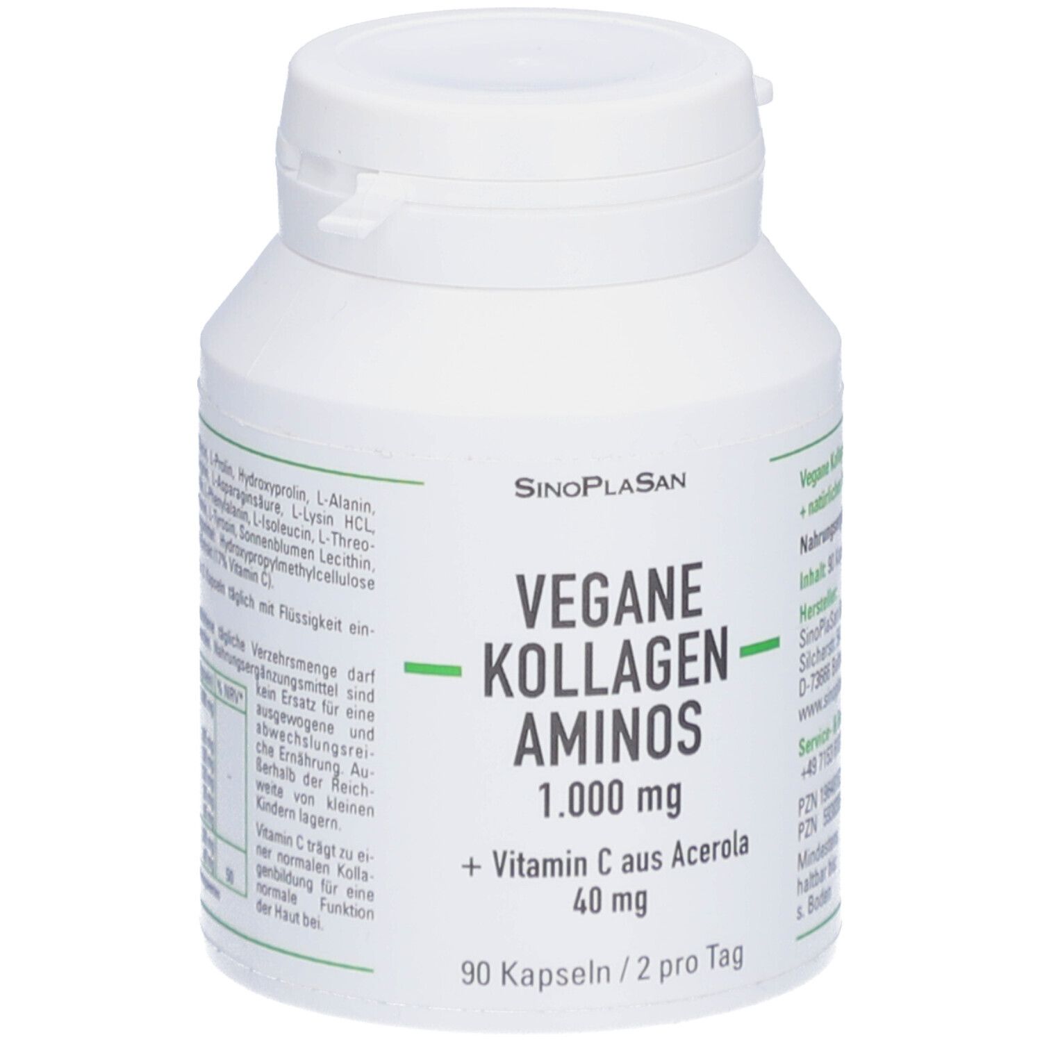 Flacon blanc avec étiquette SinoPlaSan. Inscription : Vegan Collagen Aminos 1 000 mg + Vitamine C d'acérola 40 mg. 90 gélules.