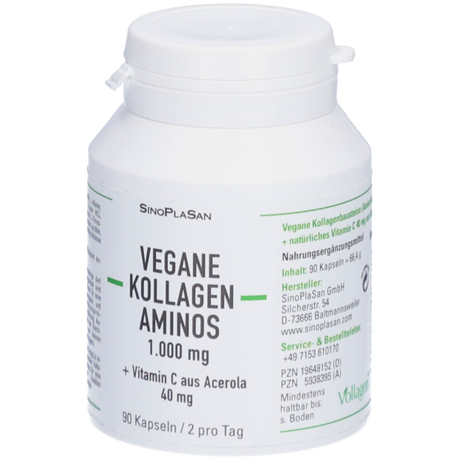 Flacon blanc avec étiquette SinoPlaSan. Inscription : Vegan Collagen Aminos 1 000 mg + Vitamine C d'acérola 40 mg. 90 gélules.
