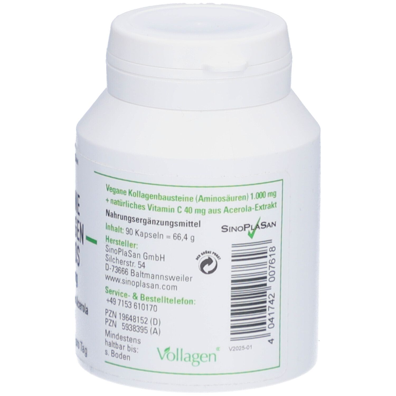 Flacon blanc avec étiquette SinoPlaSan. Inscription : Vegan Collagen Aminos 1 000 mg + Vitamine C d'acérola 40 mg. 90 gélules.