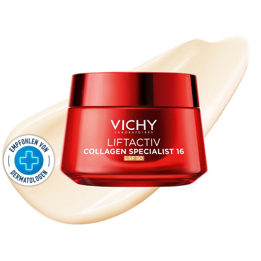 Pot rouge Vichy Liftactiv Collagen Specialist 16 SPF50. Recommandé par les dermatologues. Crème sur fond clair.