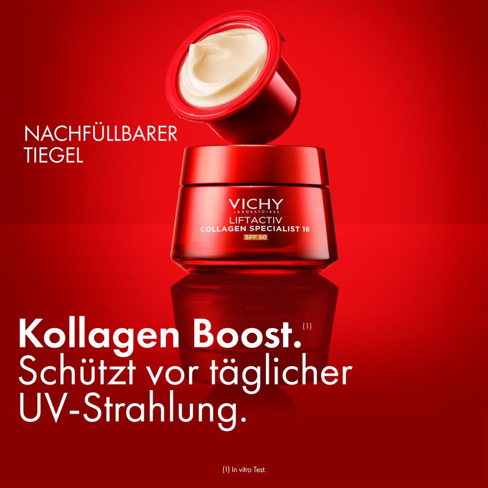 Pot rouge avec crème et recharge. Texte : Boost de collagène. Protège des UV quotidiens.