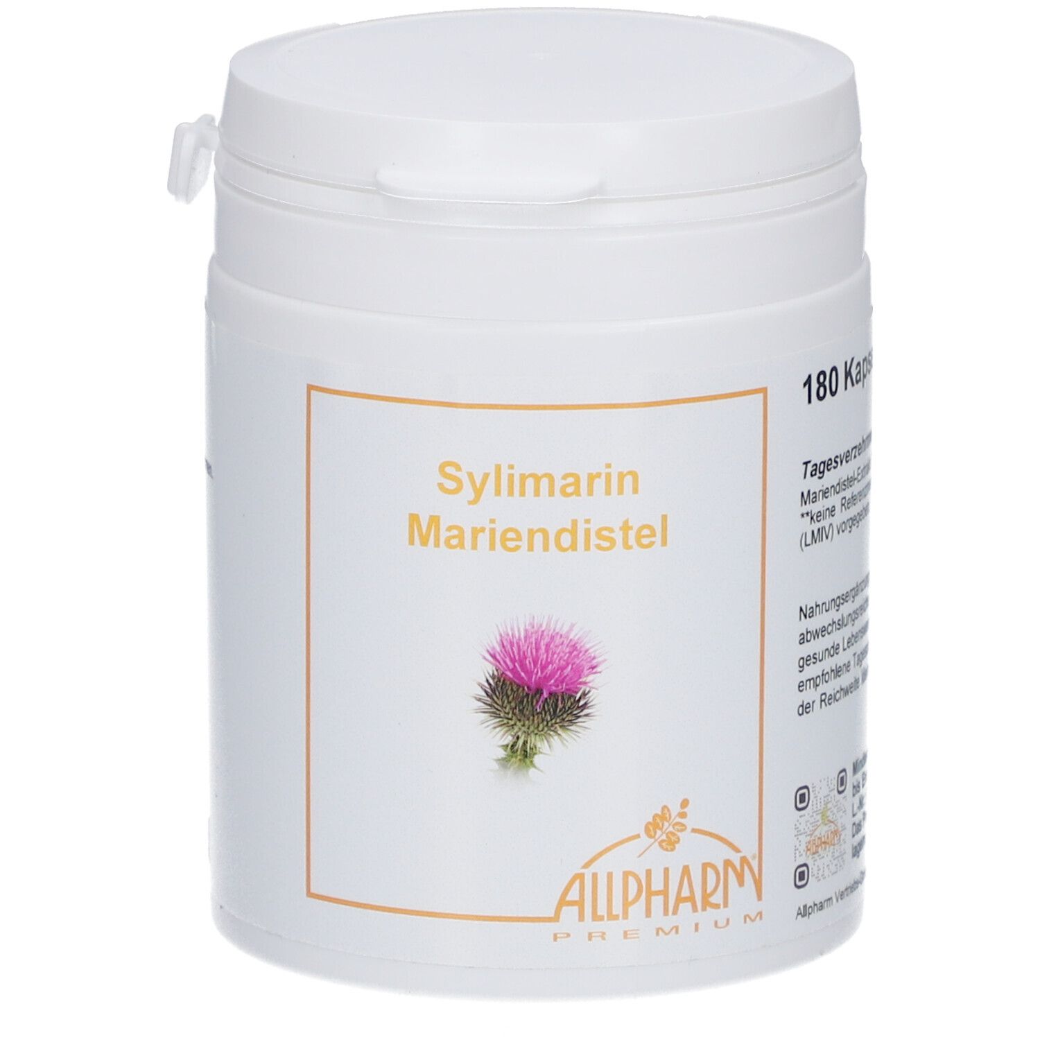 Boîte blanche avec 'Sylimarim Mariendistel' et logo. Contient 180 gélules. Impression avec informations.