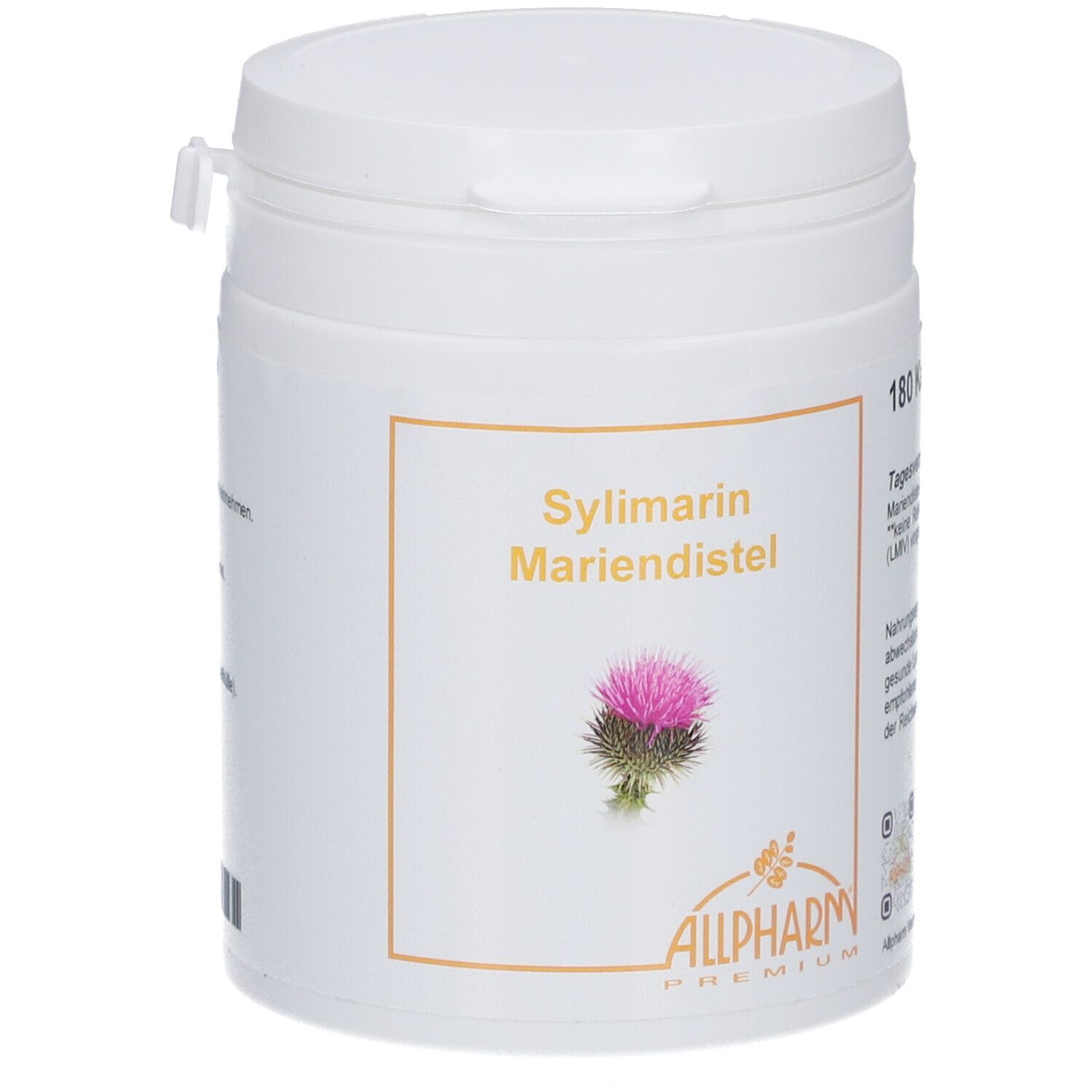 Boîte blanche avec 'Sylimarim Mariendistel' et logo. Contient 180 gélules. Impression avec informations.