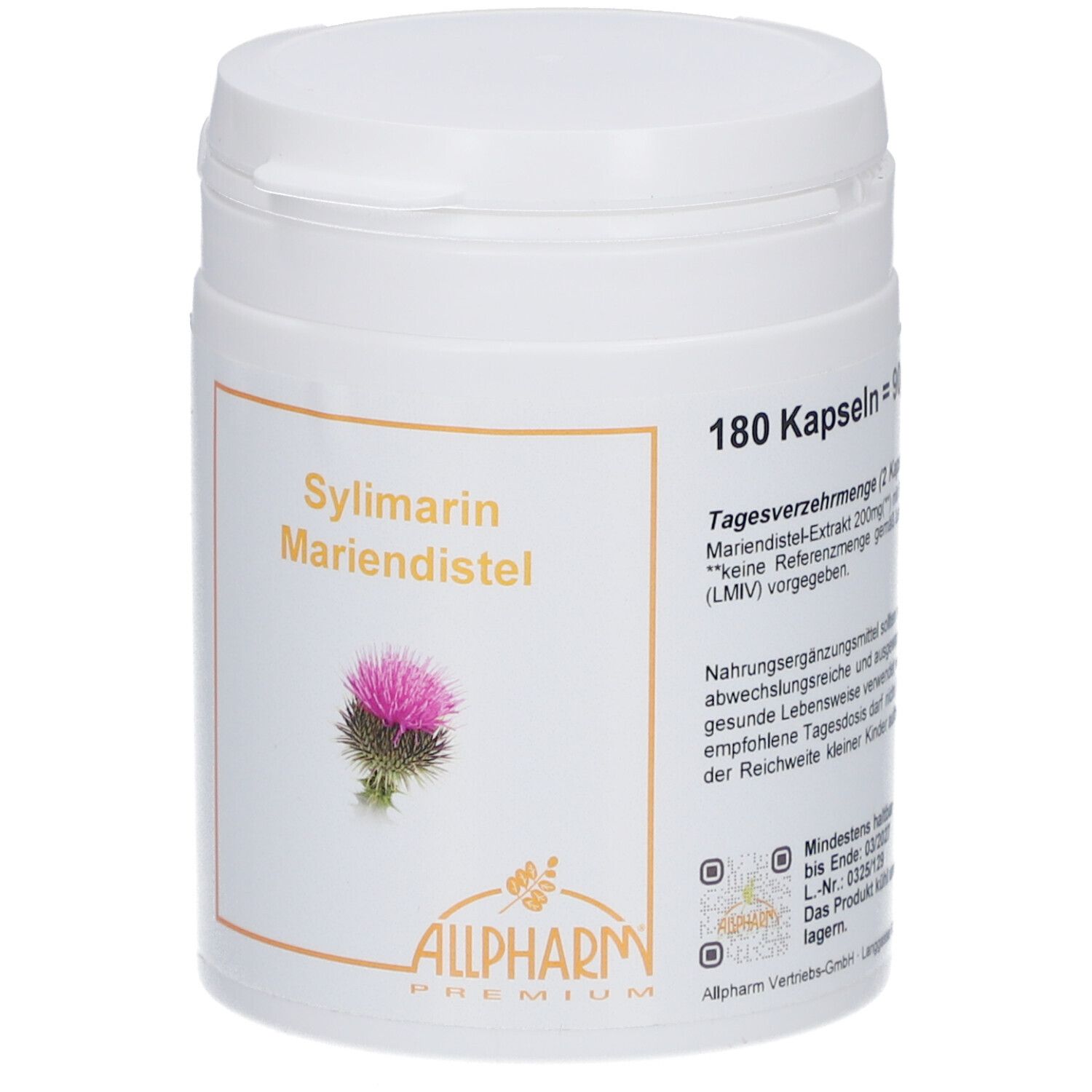 Boîte blanche avec 'Sylimarim Mariendistel' et logo. Contient 180 gélules. Impression avec informations.