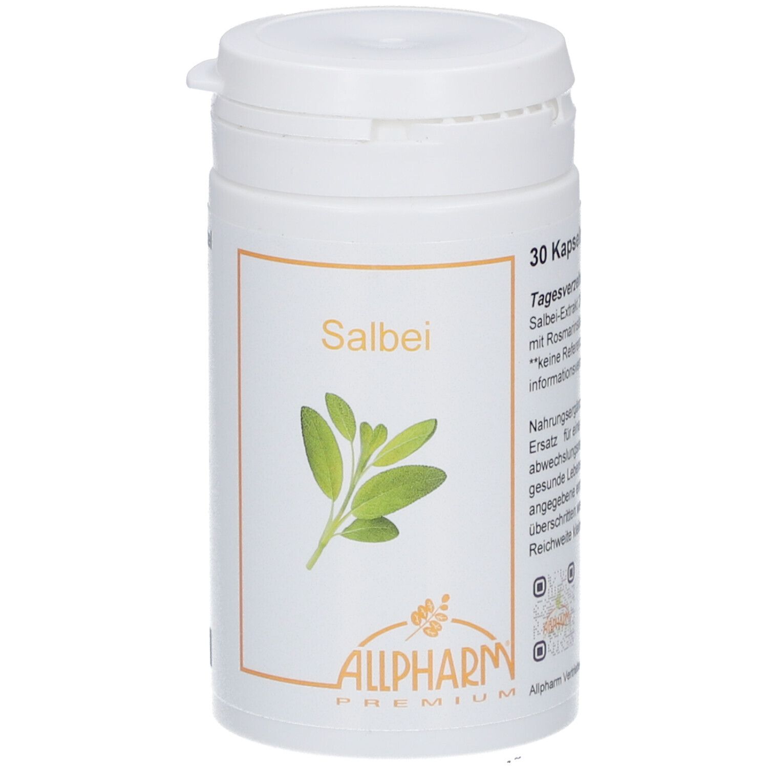 Flacon blanc avec étiquette Salbei. Inscription : Salbei, Allpharm Premium. 30 gélules.