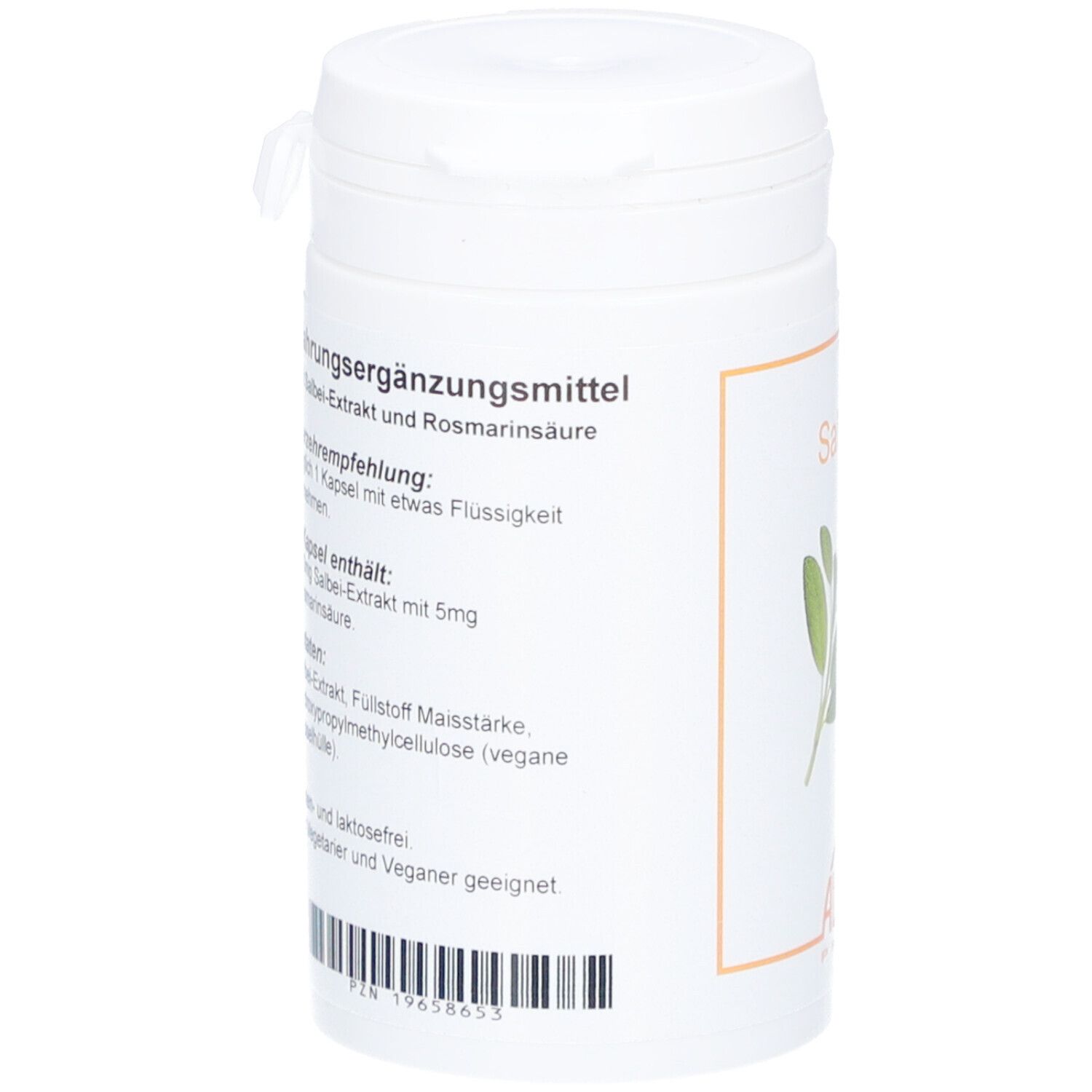 Flacon blanc avec texte. Inscription : Complément alimentaire, extrait de sauge, acide rosmarinique, ingrédients, végétalien.