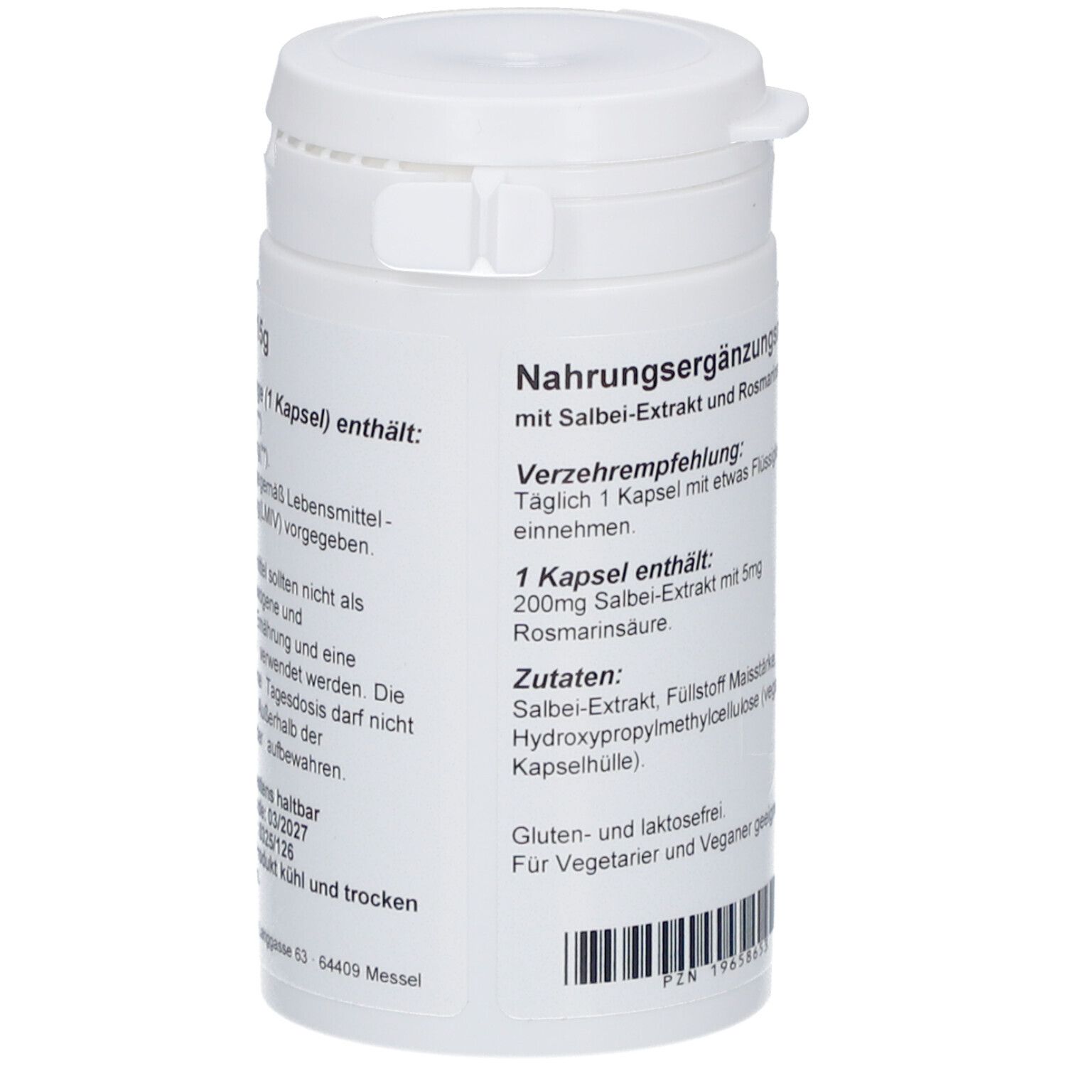 Flacon blanc avec texte. Inscription : Complément alimentaire, recommandation de consommation, ingrédients, sans gluten et sans lactose.