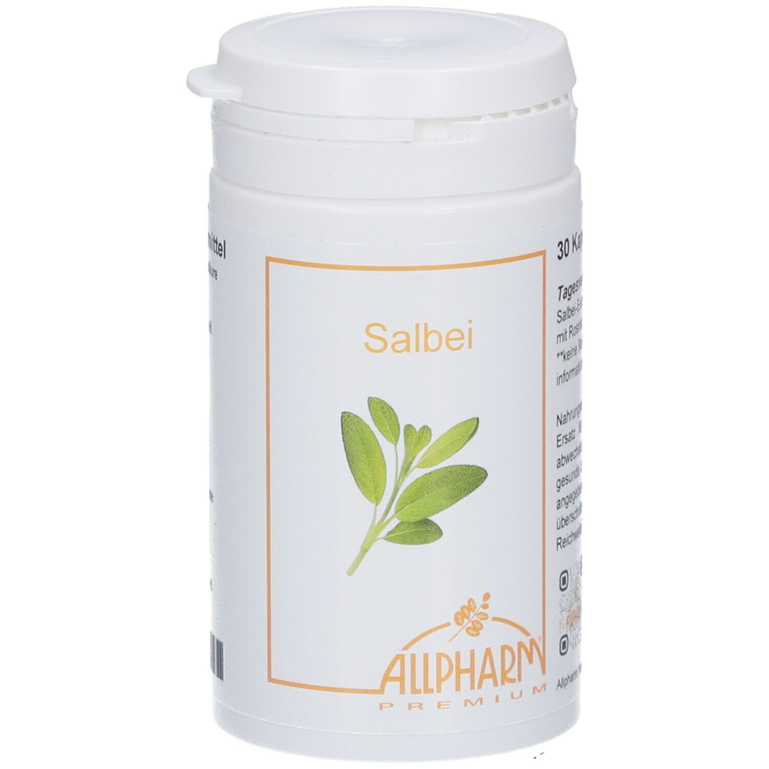 Flacon blanc avec étiquette Salbei. Inscription : Salbei, Allpharm Premium. 30 gélules.