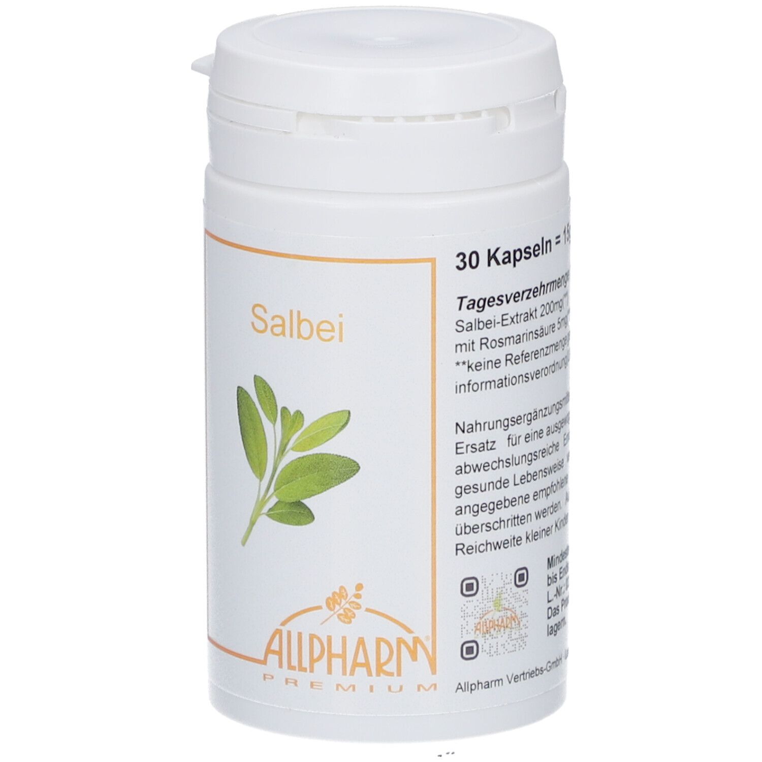 Flacon blanc avec étiquette Salbei. Inscription : Salbei, Allpharm Premium. 30 gélules.