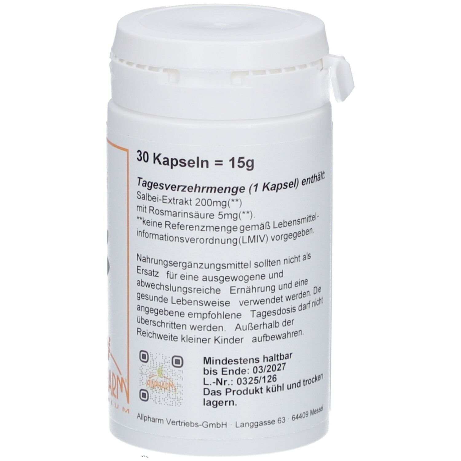 Flacon blanc avec texte. Inscription : 30 gélules = 15g, dose journalière, A consommer de préférence avant fin : 03/2027.