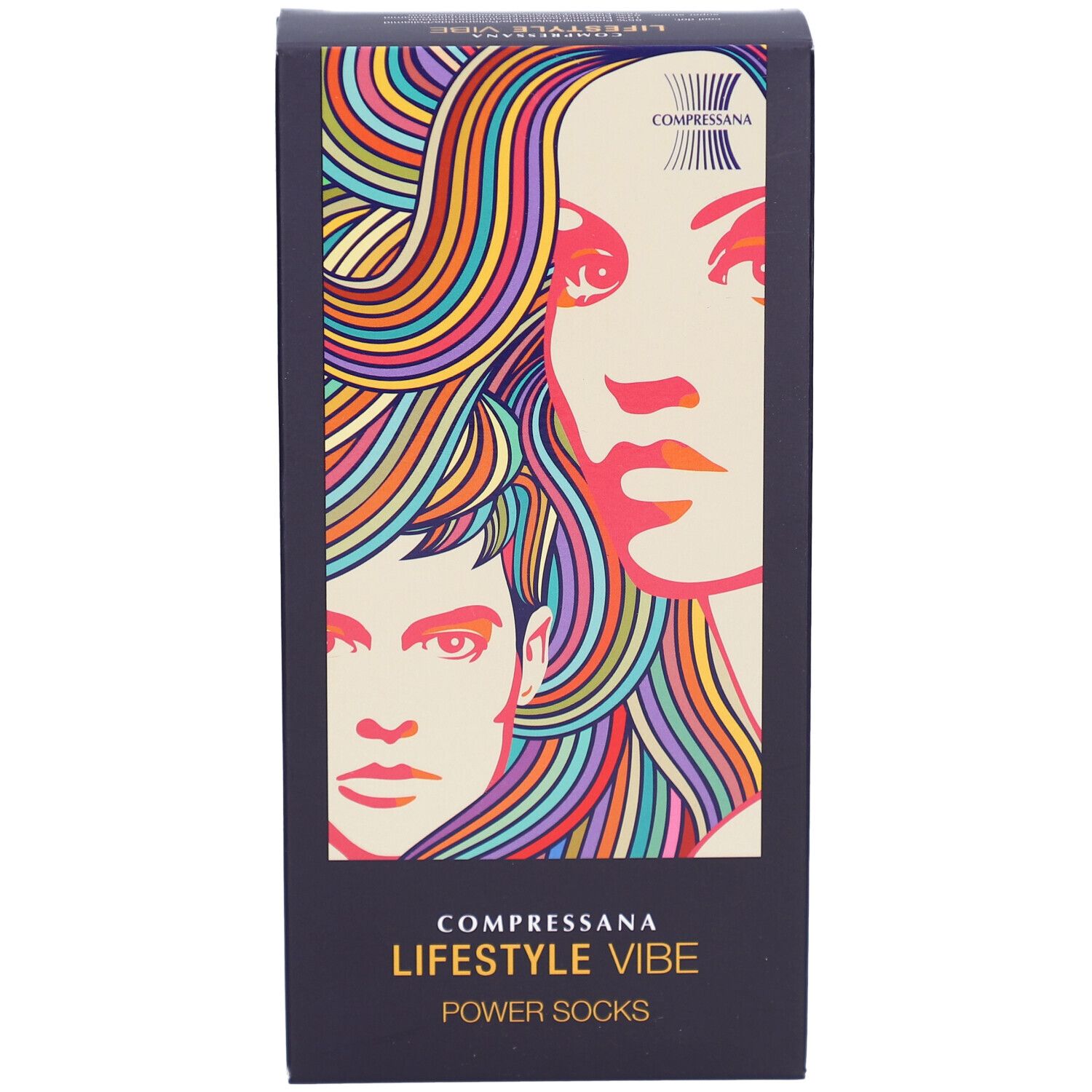 Schwarze Verpackung mit farbigem Porträt. Text: COMPRESSANA LIFESTYLE VIBE POWER SOCKS. Logo.