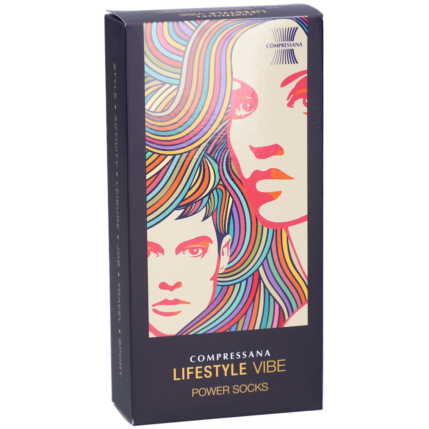 Schwarze Produktverpackung mit farbigem Porträt. Schriftzug: COMPRESSANA LIFESTYLE VIBE POWER SOCKS.