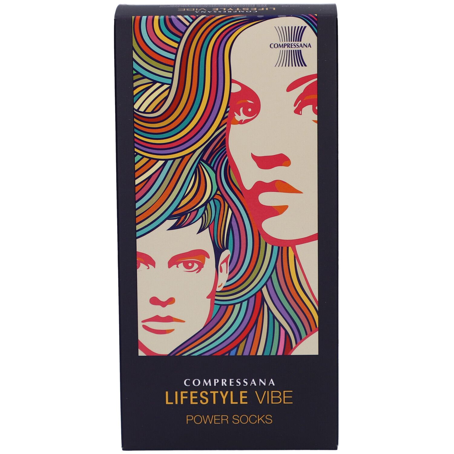 Schwarze Verpackung COMPRESSANA LIFESTYLE VIBE POWER SOCKS. Illustration von Gesichtern mit bunten Haaren.